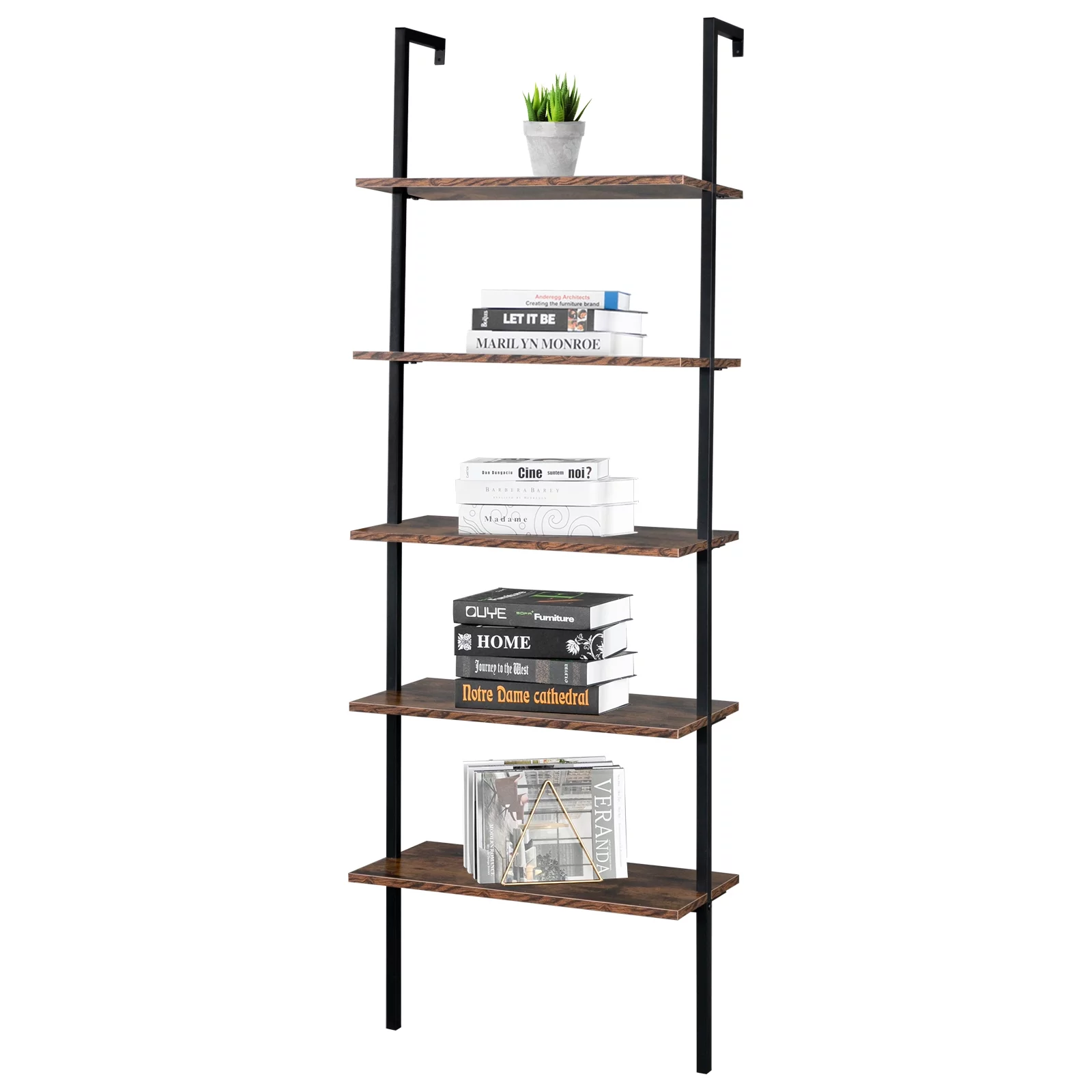 DFITO Industrial Wall Mounted Bookcase 5-Tier Open Ladder Shelf Bookshelf with Metal Frame, 23.6