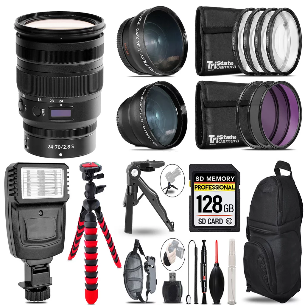 Nikon NIKKOR Z 24-70mm f/2.8 S Lens + Slave Flash + Tripod - 128GB Accessory Bundle