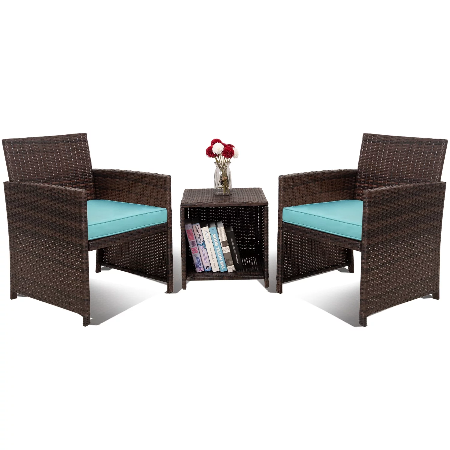 iRerts 3 Piece Outdoor Wicker Conversation Bistro Set Outdoor Patio Porch Furniture Sets with 2 Chairs, Side Storage Table and Cushion, PE Rattan Wicker Chairs and Table Set of 3 for Yard Garden, Teal