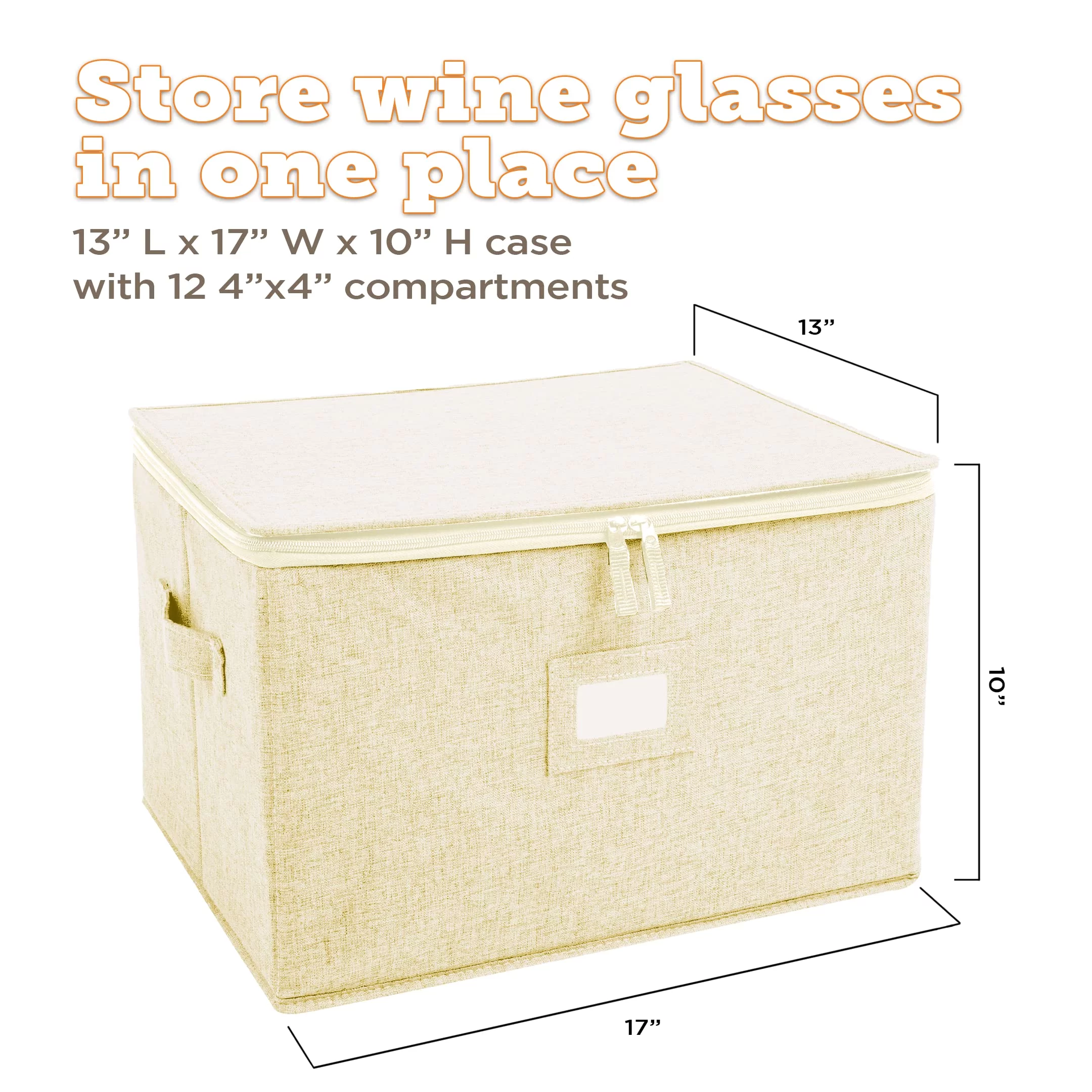 storageLAB Kitchen Organization Wine Glass Storage Box - Quilted, Hard Case Stackable Stemware Storage Cases with Dividers, Double Zippers and Label Holder Windows- Holds 12 Wine Glasses - Cream