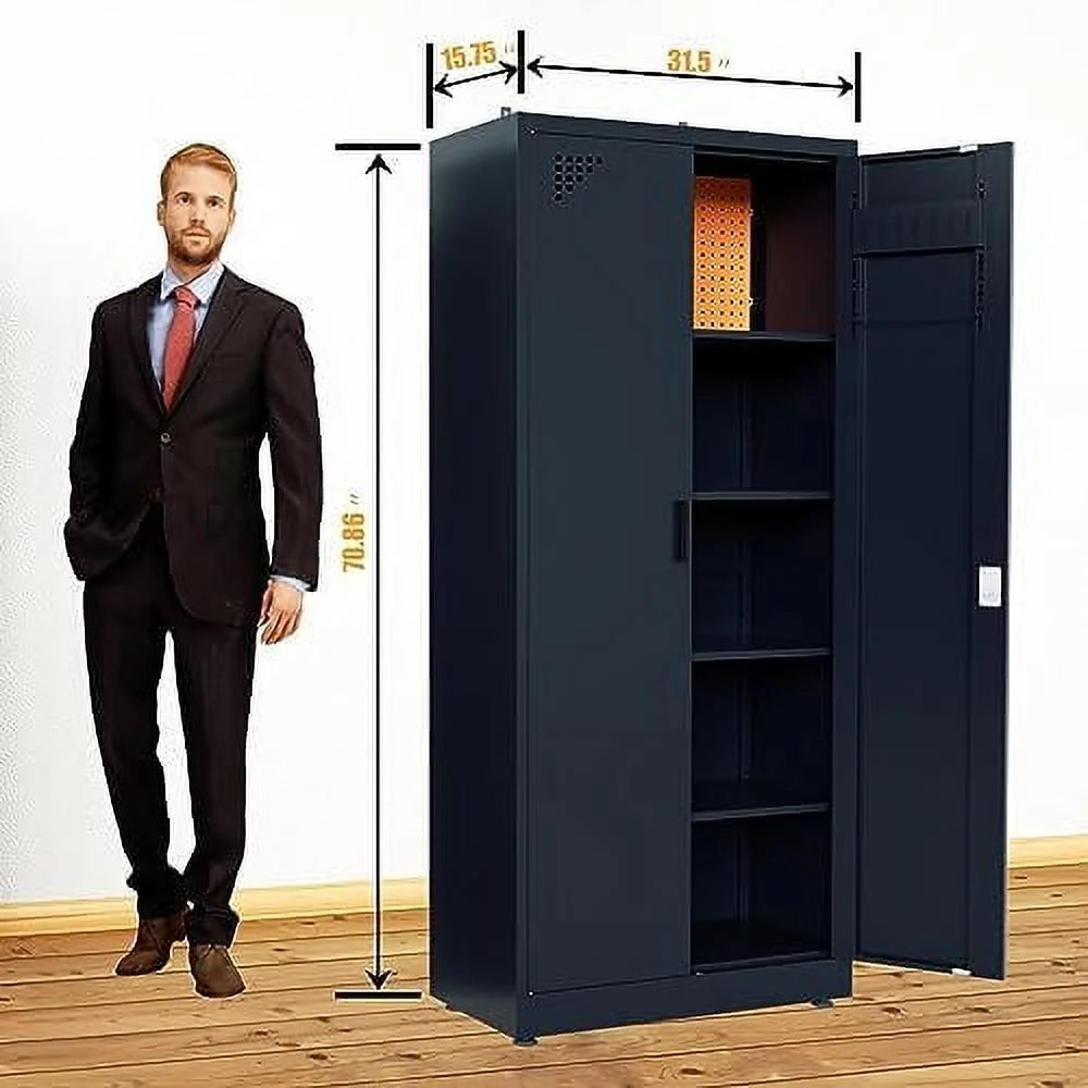 HBLUKDL Metal  Cabinet - Garage  Cabinet with 2 Doors and 4 Adjustable Shelves Steel Lockable Garage Cabinets for Office Home Garage (Dark Gray  71 Inch)