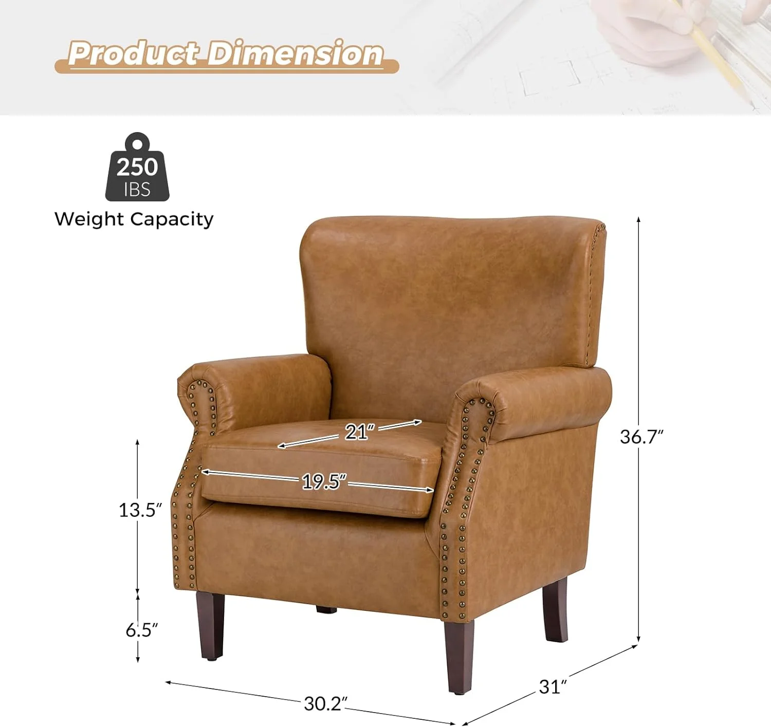 Faux Leather Accent Chair With Rolled Armrests & Nailhead Trim, Comfy Upholstered Living Room Armchair With Removable Cushion, Traditional Single Sofa Chair For Bedroom Office, Camel