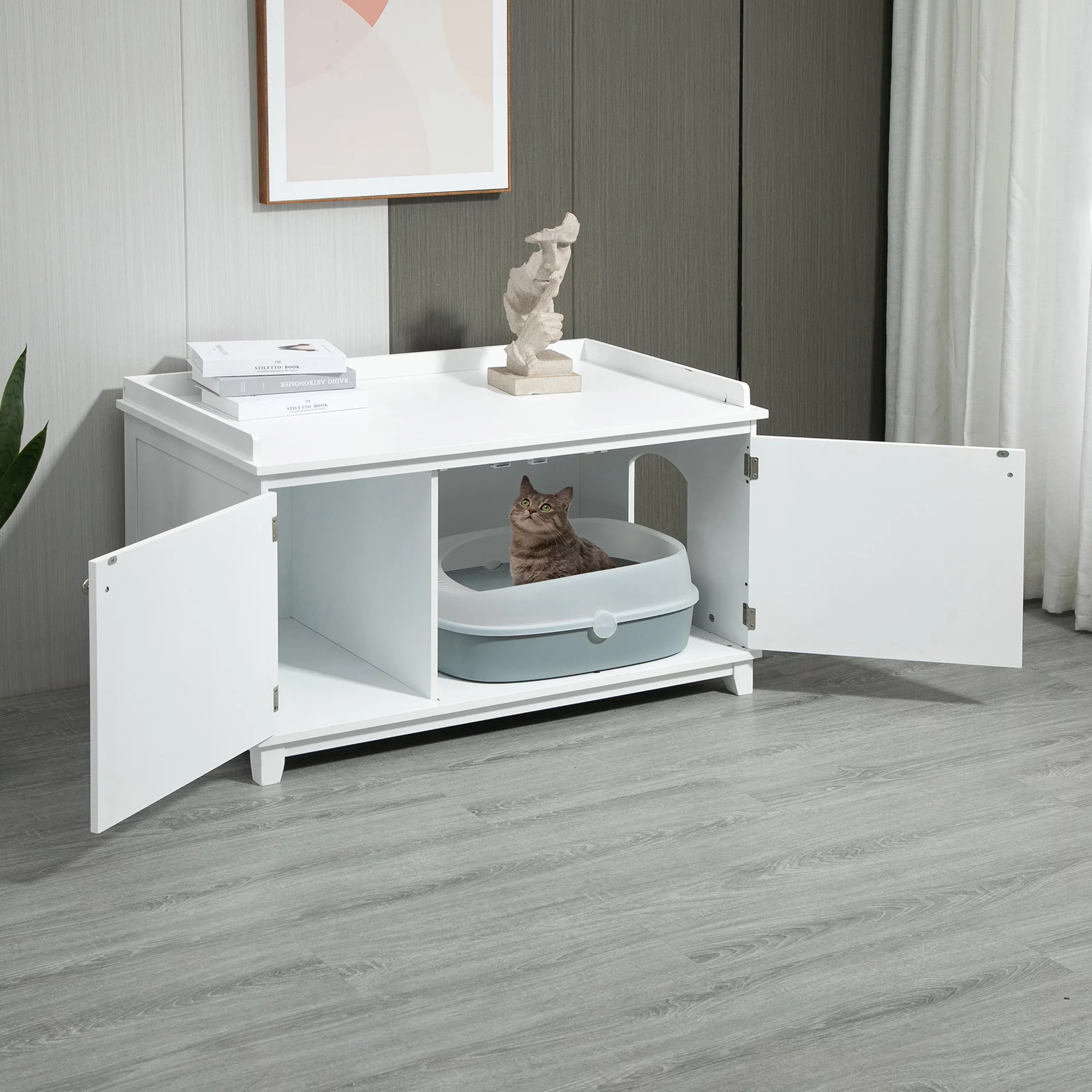 PawHut Cat Litter Box Furniture Hidden Litter Box Enclosure Cabinet Indoor Cat Washroom Double-door Nightstand End Table with Cat Hole White