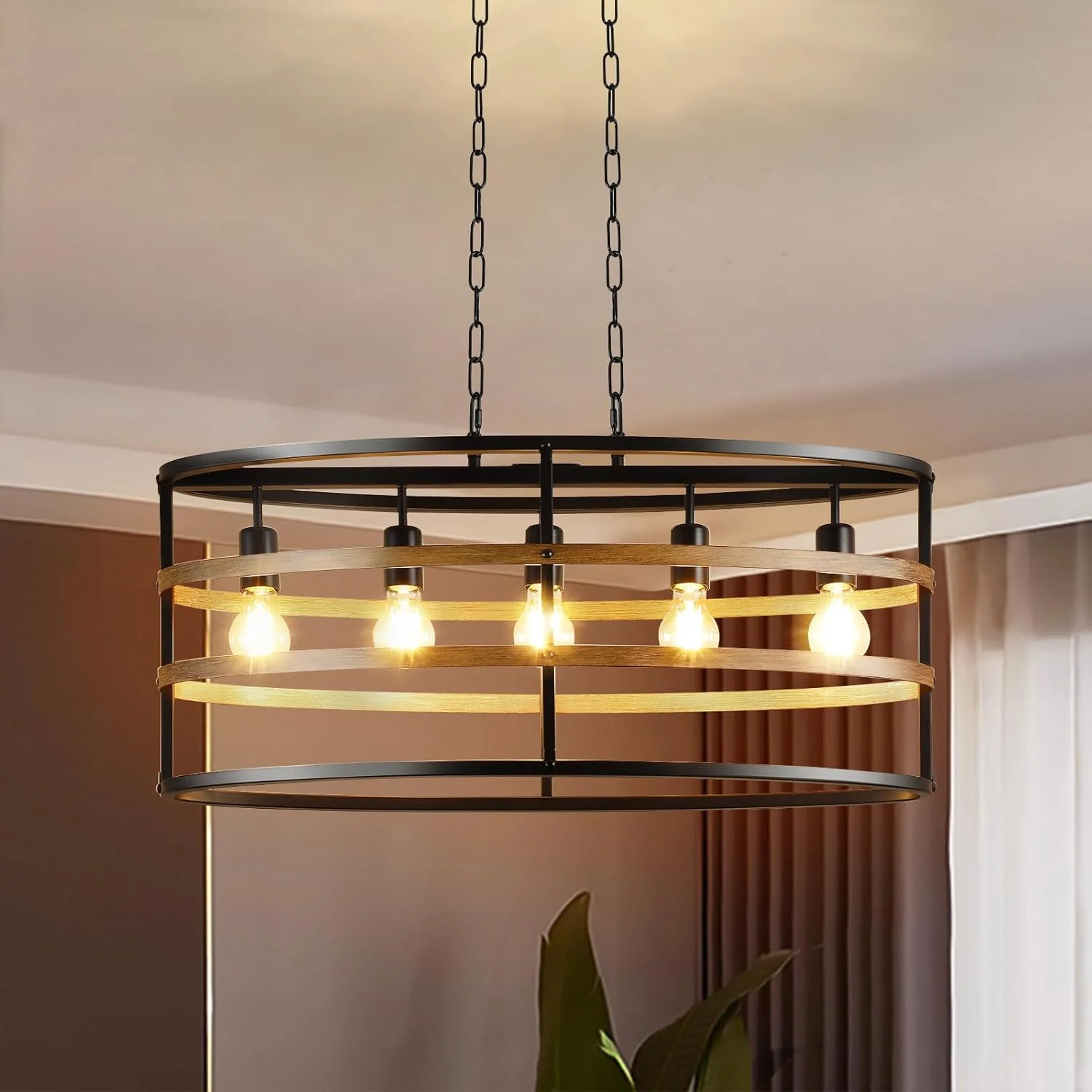 Depuley 5 Light Black Walnut Farmhouse Ceiling Chandelier Kitchen Island Industrial Ceiling  Lighting Fixtures Hanging Oval Pendant Light for Dining Living Room, E26 Socket