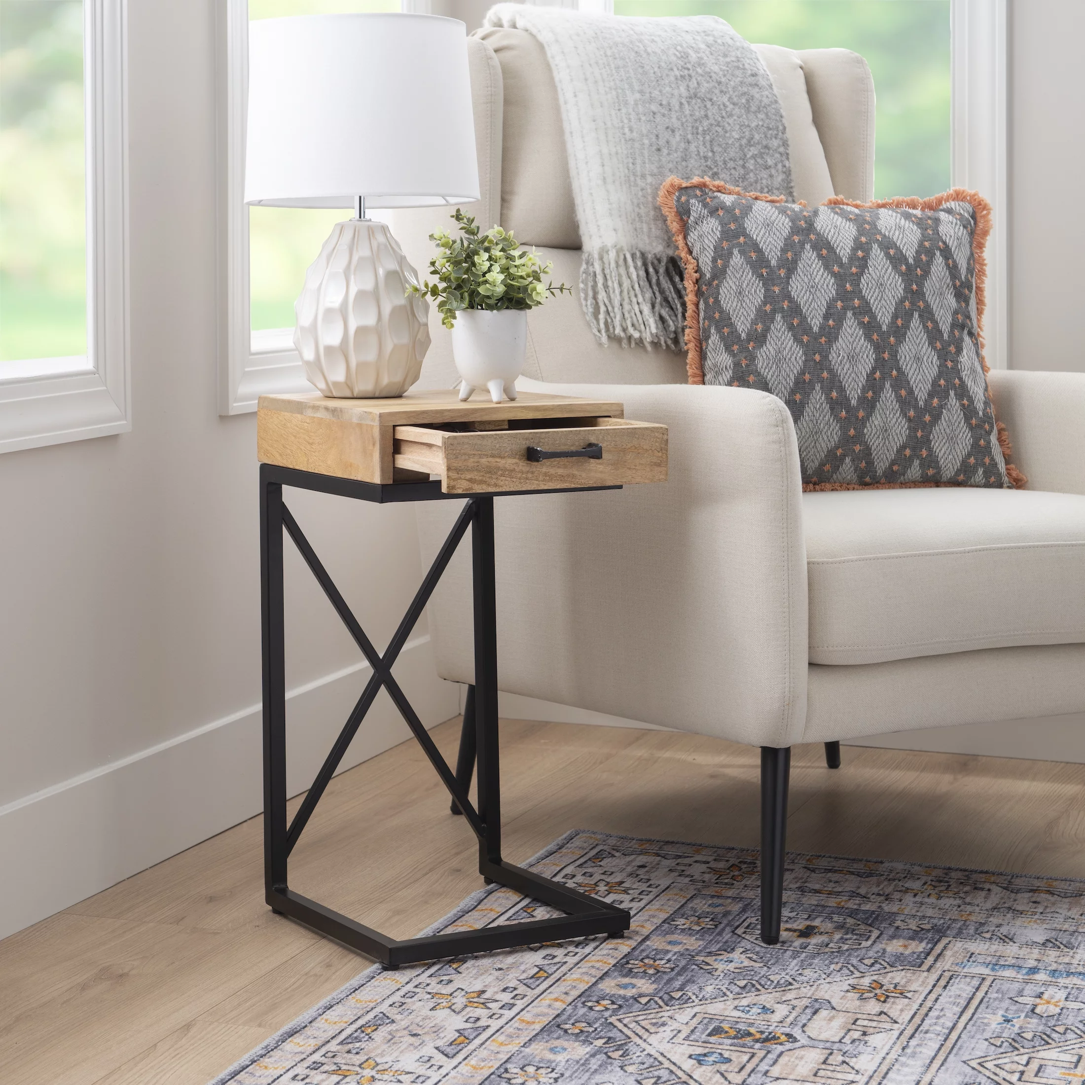 Chalgrove Mid-Century Metal Single Drawer C-Table, Black Base with Natural Wood Top