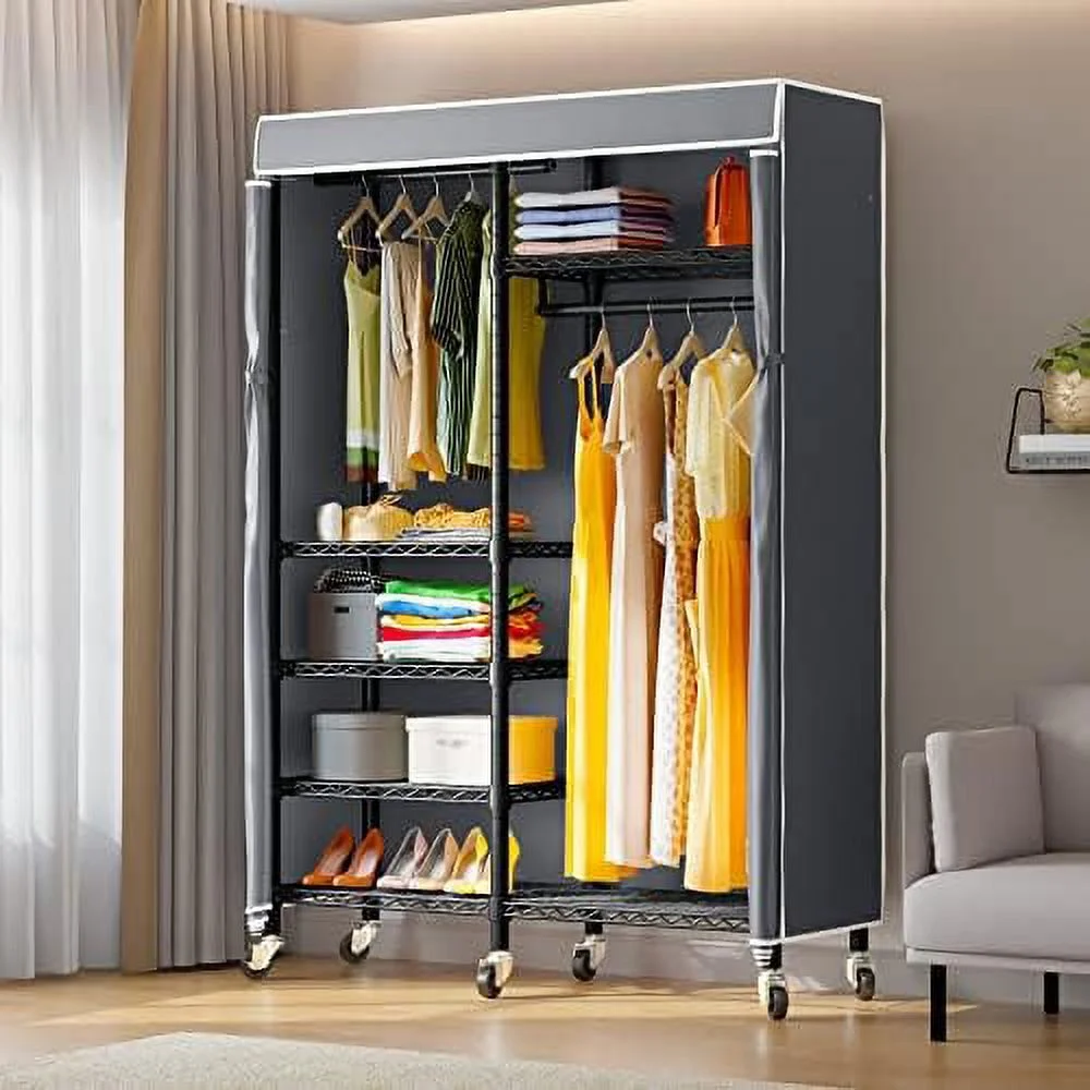 HYHBIBOOM R4C Garment Rack Rolling  6 Tiers Heavy Duty Adjustable Wire Portable Closets with Lockable Wheels Wardrobe White Metal Clothing Rack with Frosted Translucent Cover  Max Load 62