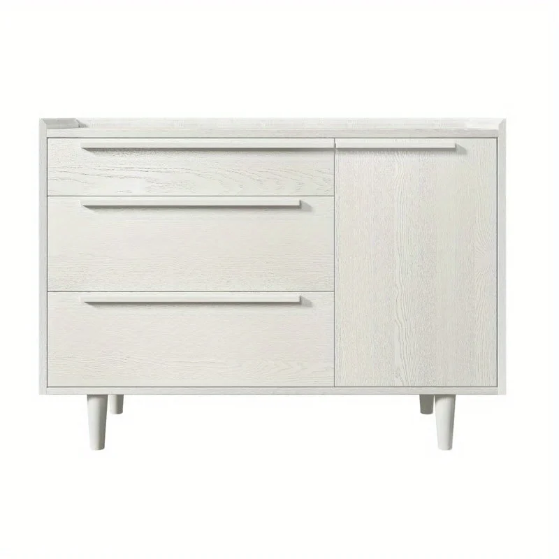 Modern White Sideboard-3-Drawer Storage Cabinet, Versatile Dresser with Solid Legs for Bedroom and Living Room, Contemporary Wood Grain Finish for Elegant Home Décor