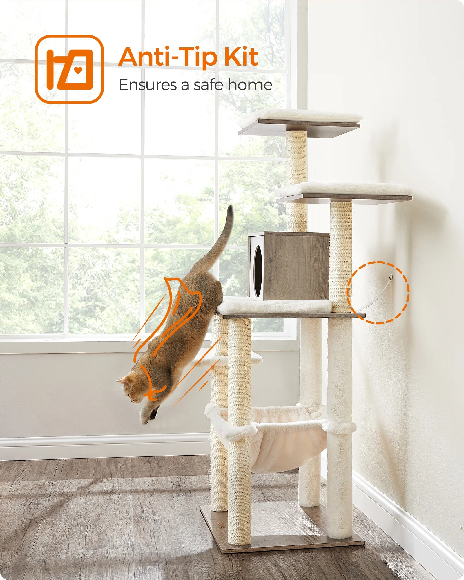 Feandrea WoodyWonders Cat Tree - Modern 54.3-Inch Multi-Level Cat Tower, Ultra-Soft Plush, Heather Greige