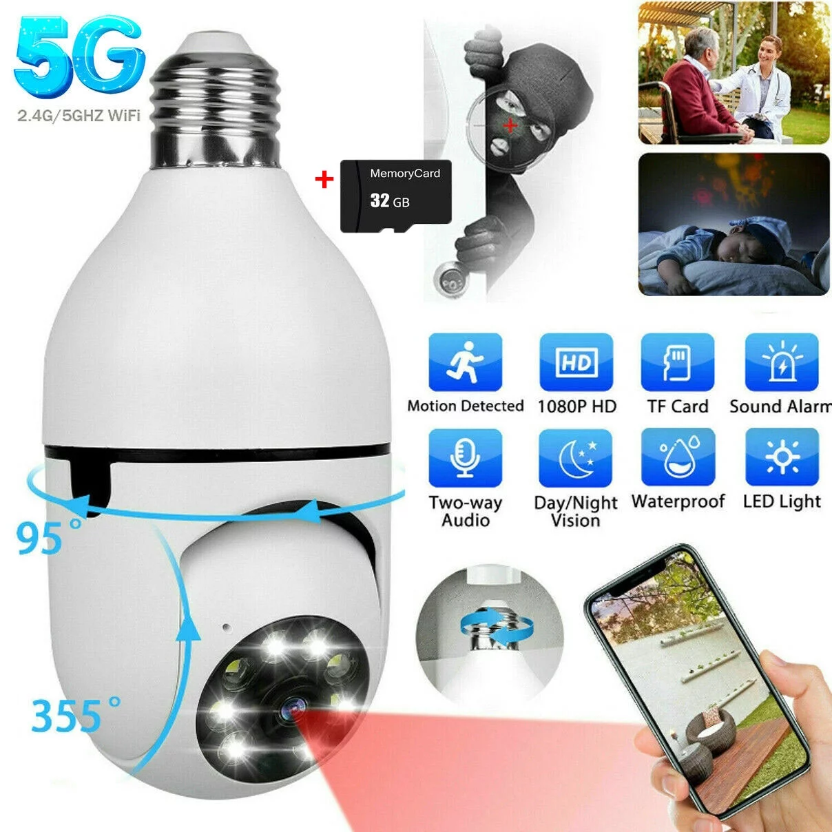 SenDDu 360° Waterproof Wireless Camera Light Bulb Security Home Cam CCTV Monitor Surveillance Camera Support 2.4G&5G Wi-Fi Two Way Talk IP Camera+32GB