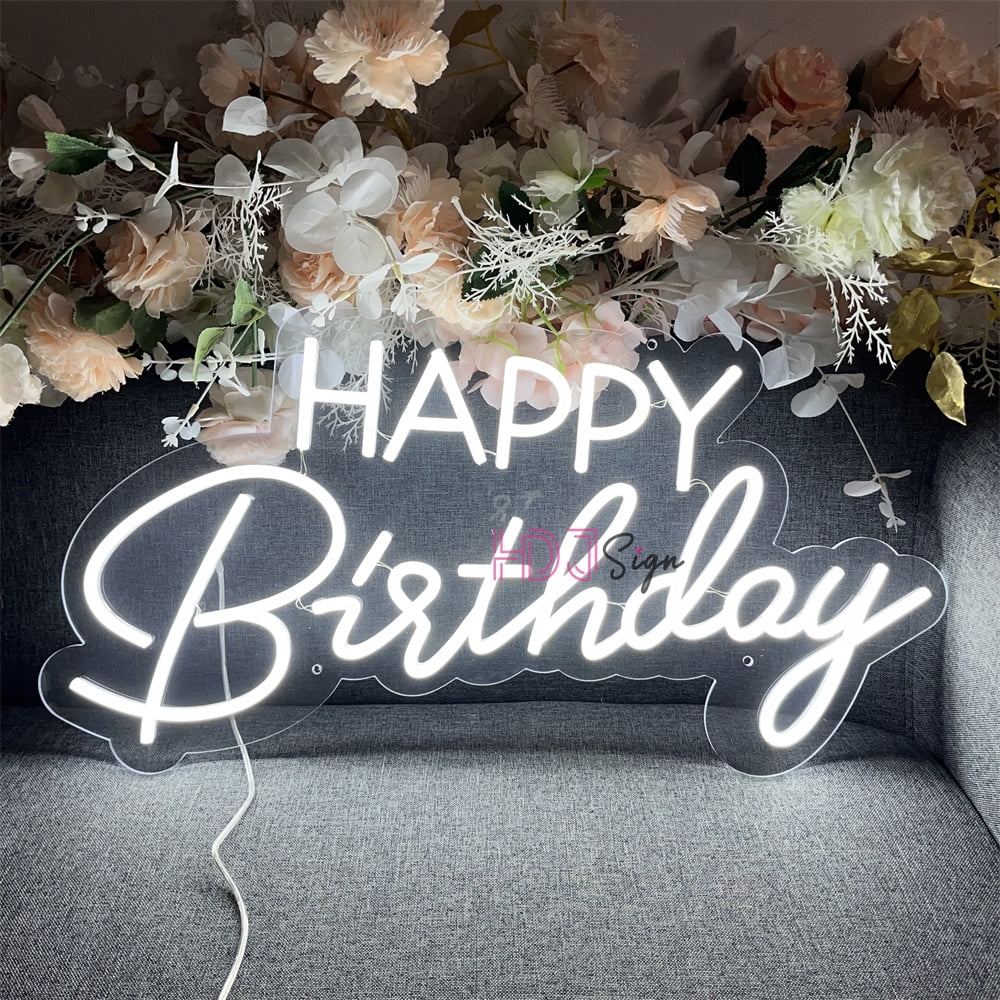 ZPL Happy Birthday Neon Sign, LED Neon Birthday Party Sign Decorations Cool White Decorative for Backdrop Party Bedroom Wall Decor(23.62x12.79 inch)