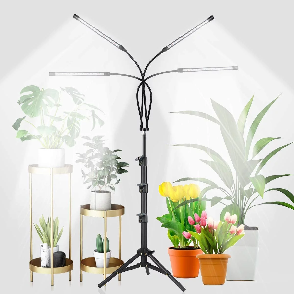 Grow Light with Stand, 5500K Full Spectrum Gooseneck Floor Plant Light for Indoor Plants Growing,5 Dimmable Levels & Auto On/Off Timer,Tripod Stand Plant Lamp Height Adjustable