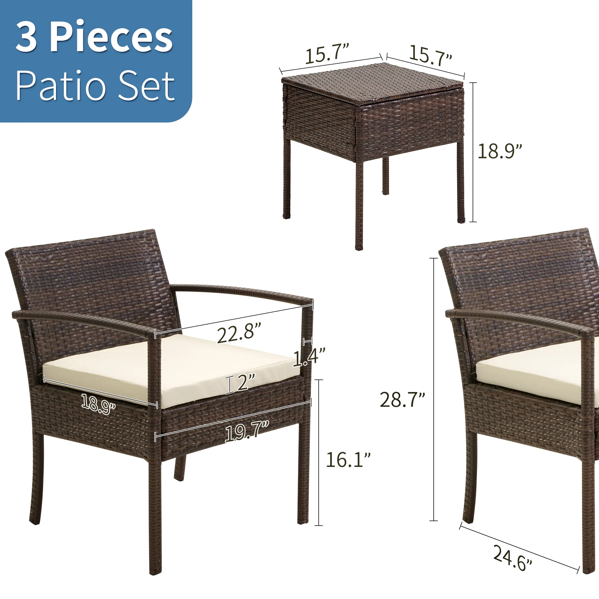FHFO Patio Furniture Set Outdoor Furniture Outdoor Patio Furniture Set 3 Pieces Patio Conversation Set Table and Chairs with Cushions for Garden Balcony Backyard Porch Lawn Brown Rattan White Cushion