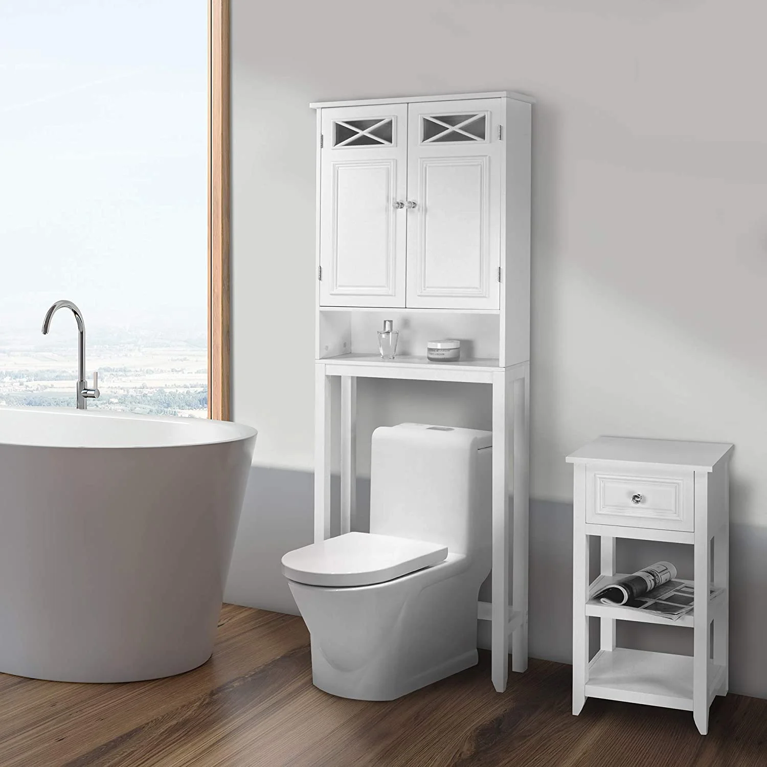YILAN Dawson Wooden 2-Door Bathroom Etagere Over The Toilet Space Saver Cabinet with Interior Adjustable Shelf and Open Shelf, White with Chrome Knobs