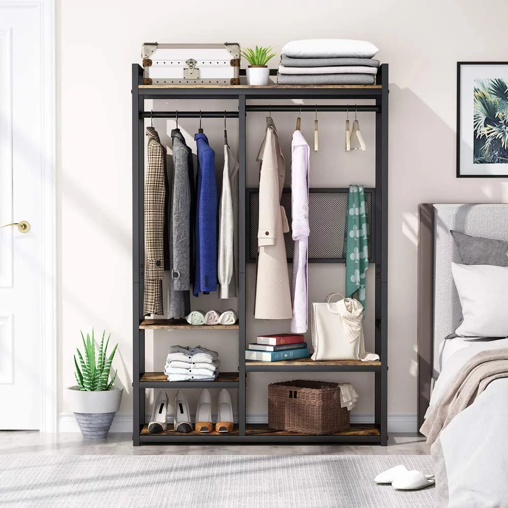 Tribesigns Clothes Garment Rack for Hanging Clothes, Free-Standing Closet Organizer with Shelves,Heavy-Duty Double Rod Closet Clothing Shelving for Bedroom (Rustic Brown)