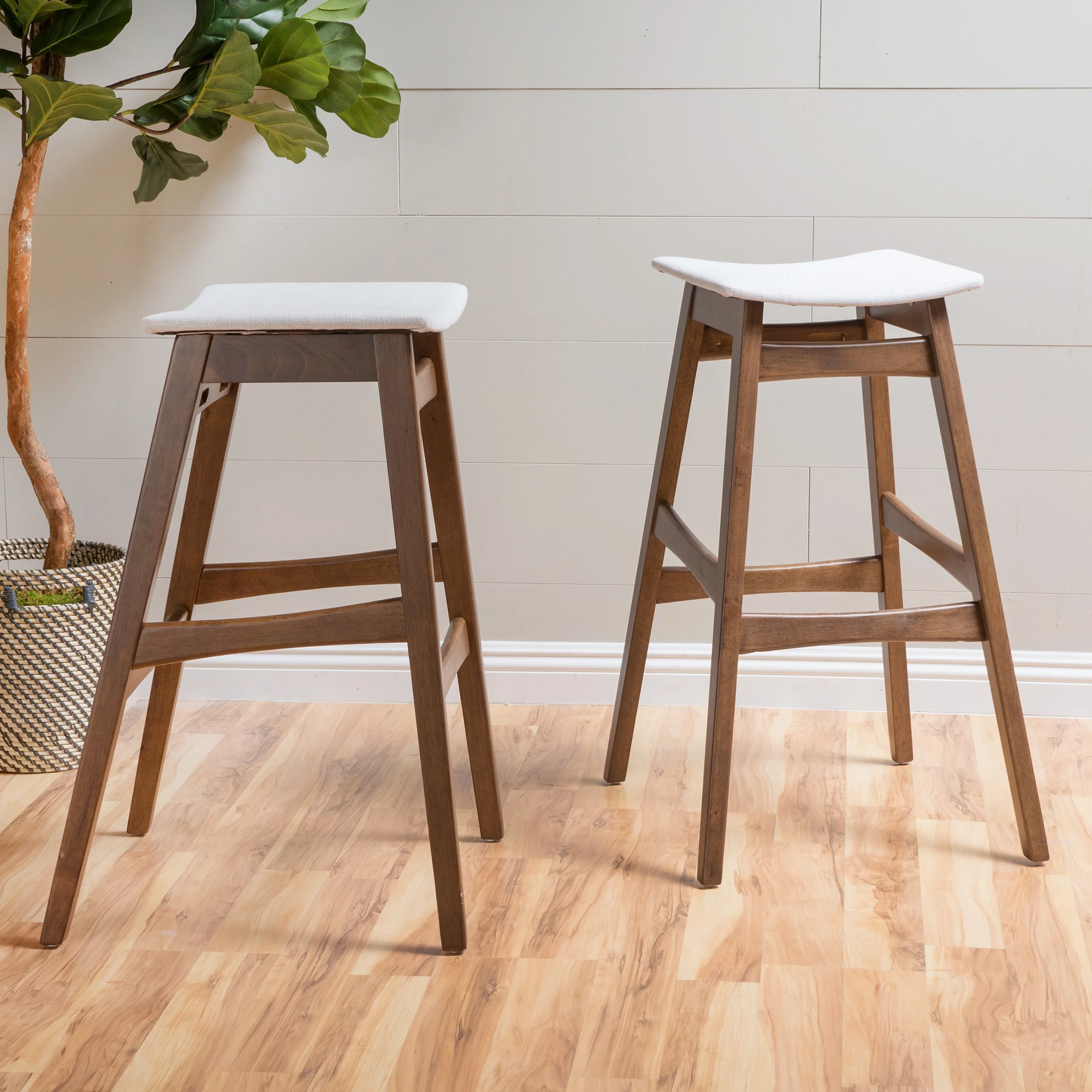 Noble House Jackie Walnut Finish Bar Stools, Set of 2, Light Beige