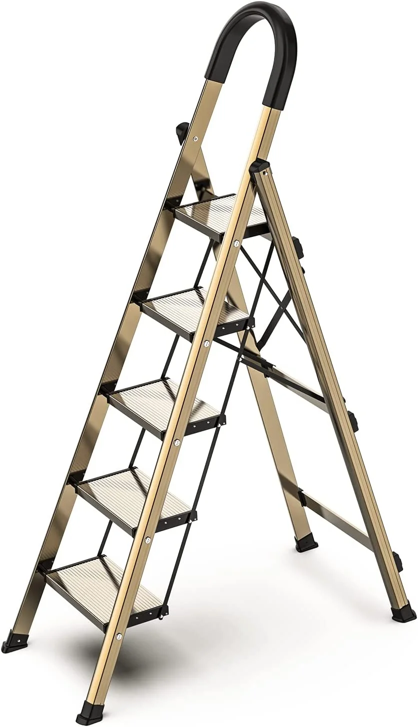 6 Step Ladder, Aluminum Folding Step Stool with Anti-Slip Sturdy and Wide Pedal, Portable Lightweight Stepladder with Convenient Handgrip for Home, Office, Kitchen Use Light Gold, 330 lbs