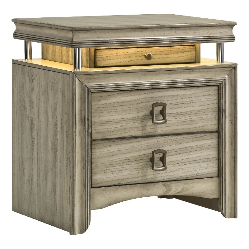 Pemberly Row 3-drawer Wood Nightstand Bedside Table with LED Rustic Beige