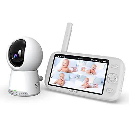 NexiGo Video Baby Monitor with Camera and Audio, 5 Inch Split IPS Screen, Support Up to 4 Cameras, 2-Way Audio, Pan-Tilt-Zoom, 4800mAh Battery, Temperature Detection, Night Vision, Lullaby (White)