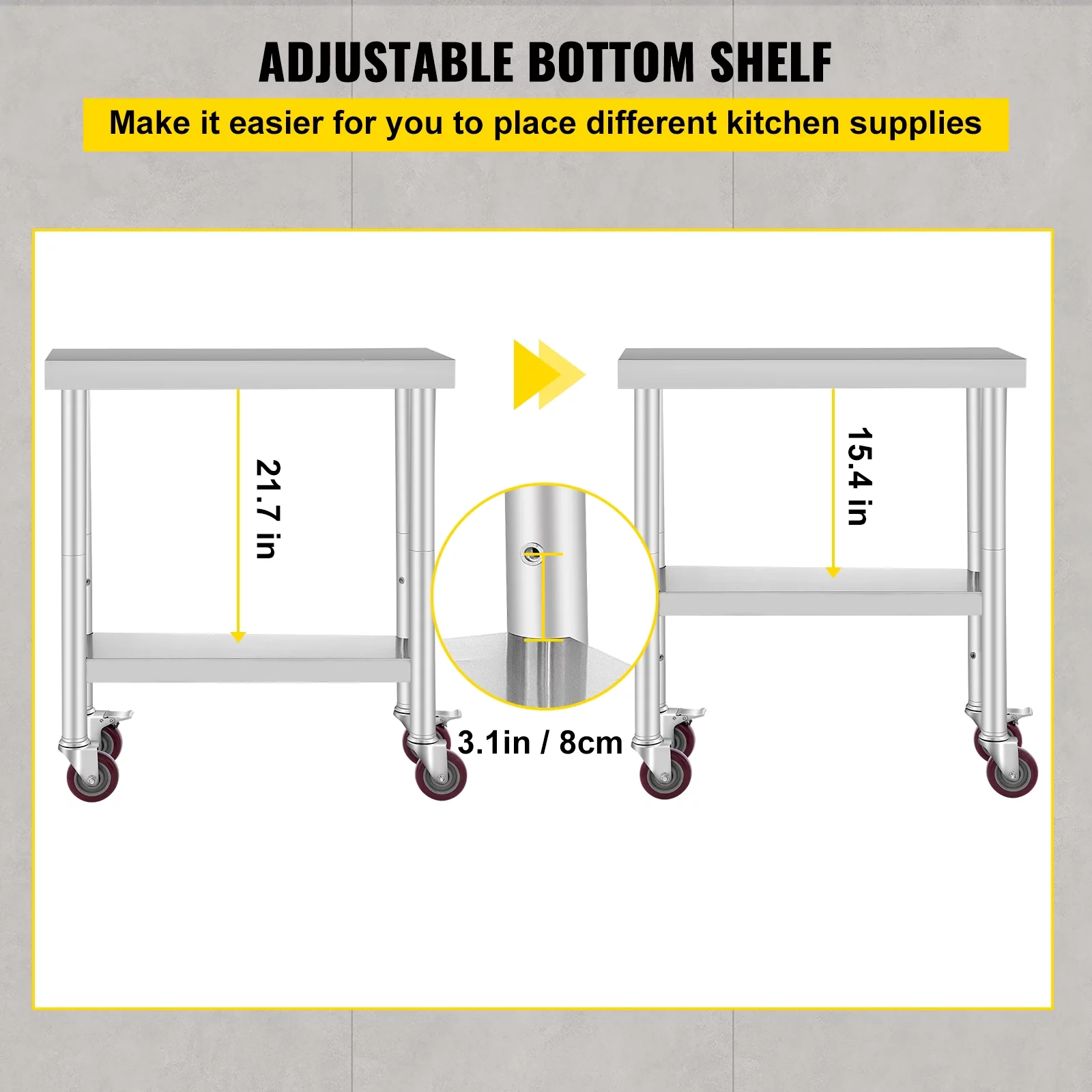 SKYSHALO 30x12x34 Inch Stainless Steel Workbench 3 Level Adjustable Rack with 4 Wheels Heavy Duty Commercial Food Prep Workbench with Brakes for Kitchen Prep Work