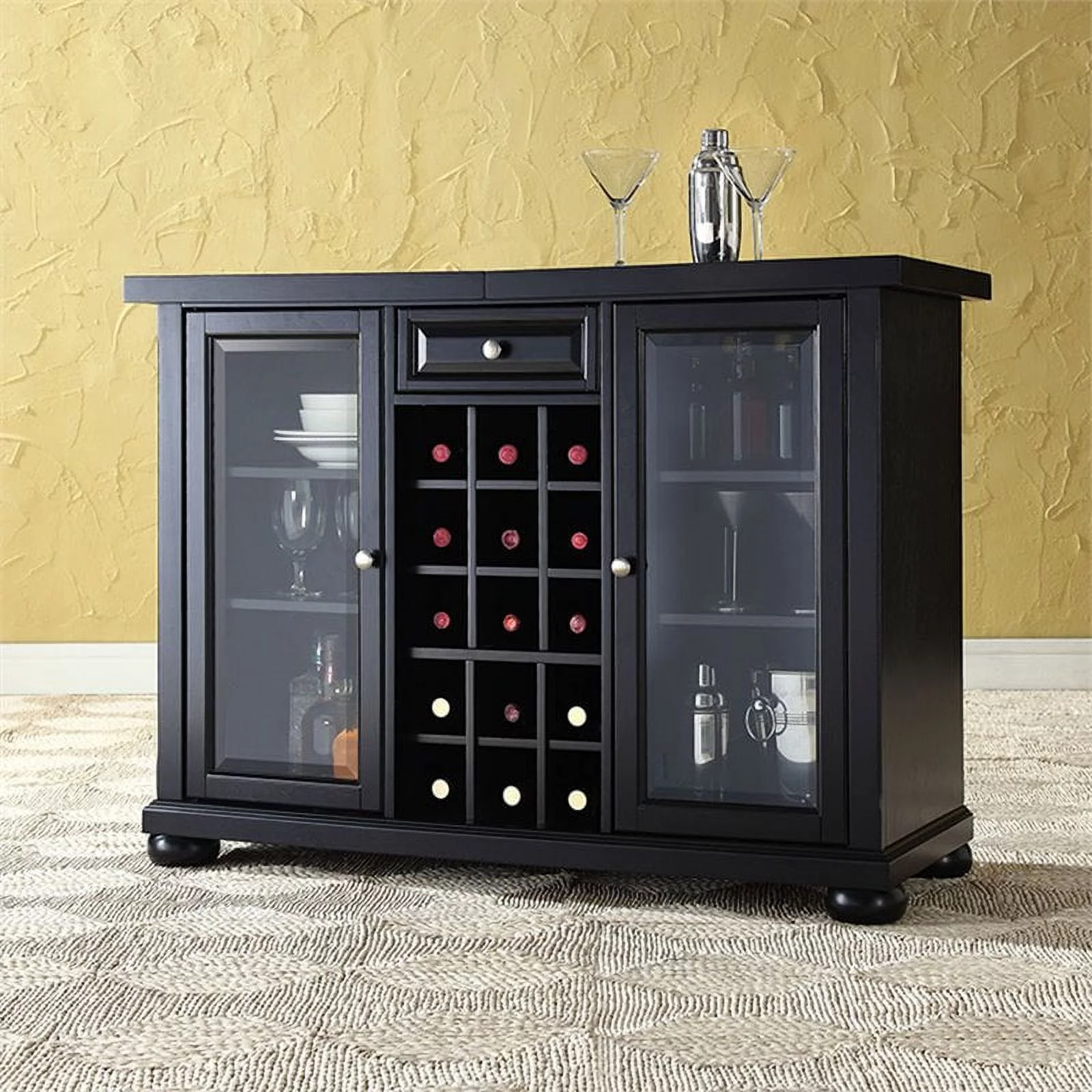 Bowery Hill Contemporary Wood Sliding Top Bar Cabinet in Black