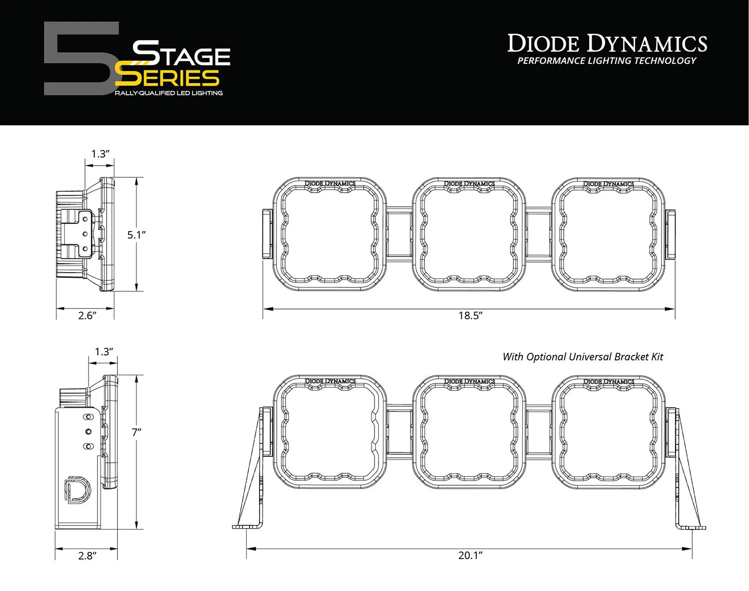 Diode Dynamics SS5 Pro Universal CrossLink 3-Pod Lightbar White Combo DD7238
