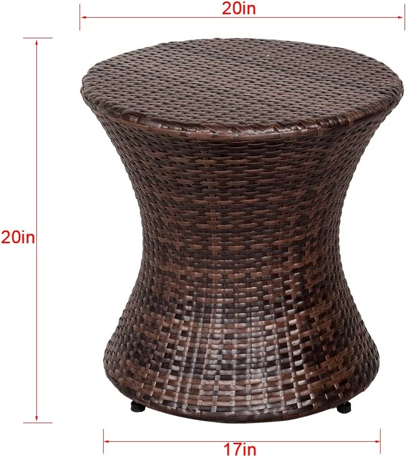Outdoor Small Side Table, Patio Rattan End Table, 20 Inch Hourglass Wicker Accent Tables, Steel Frame, Lightweight, Brown