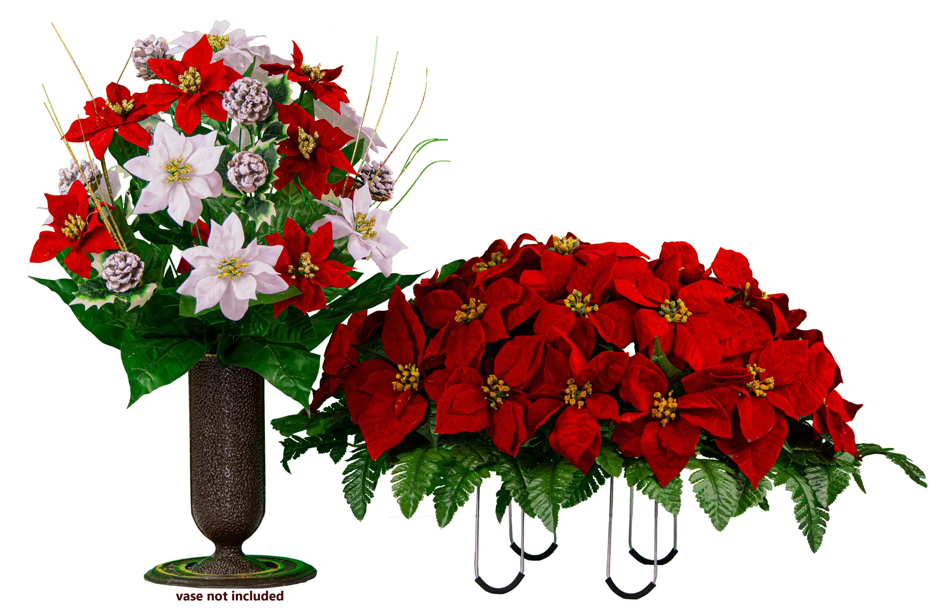 Sympathy Silks Artificial Cemetery Flowers 1 Red Poinsettia Bouquet & 1 Red/White Saddle