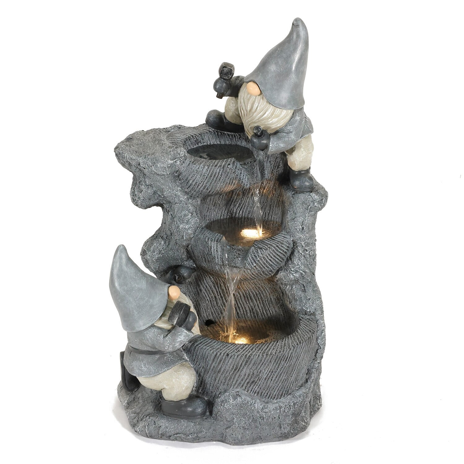 HomeStock Modern Minimalism Gray Resin Gnomes Rock Bowl Outdoor Fountain With Led Lights