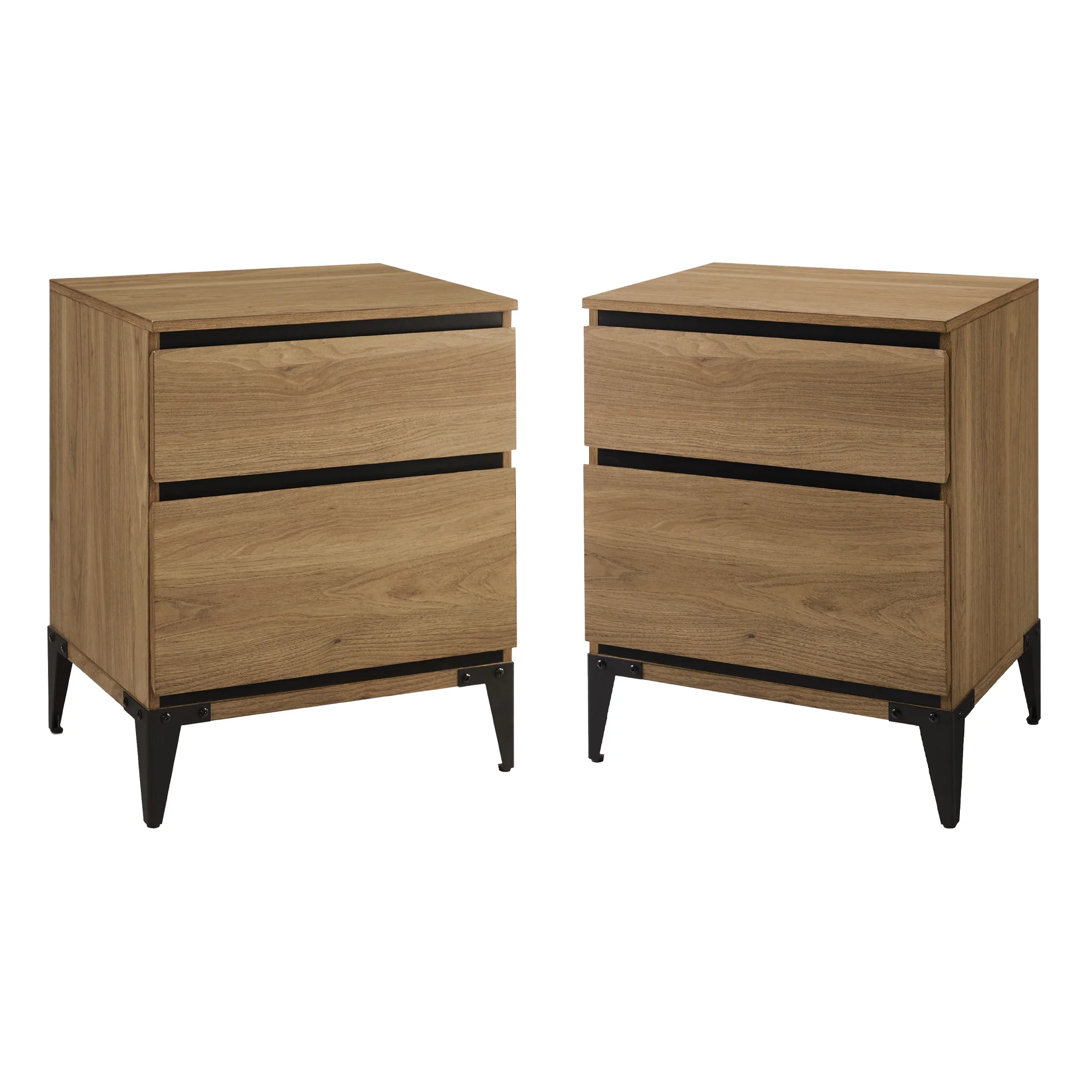Walker Edison Industrial 2-Drawer Nightstand, Set of 2, English Oak