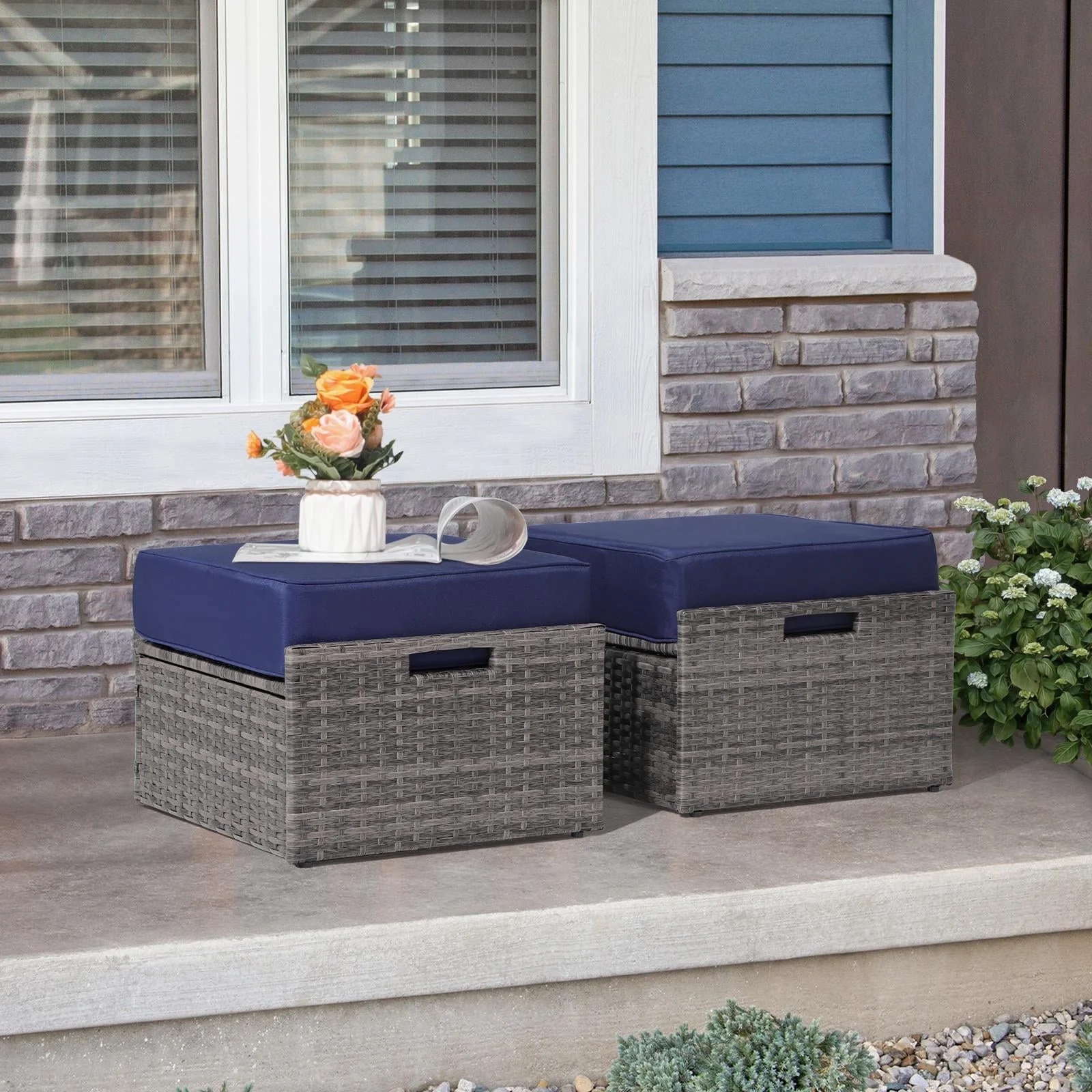 JOIVI Outdoor Wicker Ottoman Set of 2, Patio Wicker Ottoman Set with Thick Cushion, Outdoor Footstool Seat for Yard, Porch, Garden, Lawn, Navy Blue