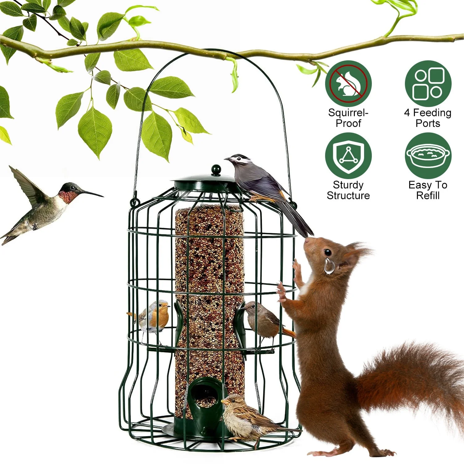 iMounTEK Outdoor Wild Bird Feeder Squirrel-Proof Chew Proof Metal Hanging Seed Feeder with 4 Feeding Ports for Small Songbirds