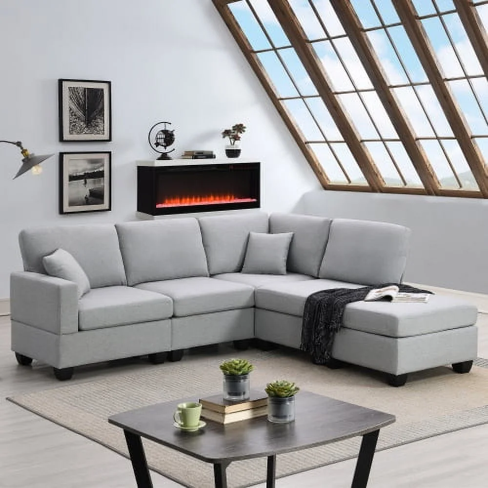JHOOTUUO [VIDEO provided][New]89.8*60.2” Modern Sectional Sofa 5-Seat Modular Couch Set with Convertible Ottoman L-Shape Linen Fabric Corner Couch Set with 2 Pillows for Living Room Apart