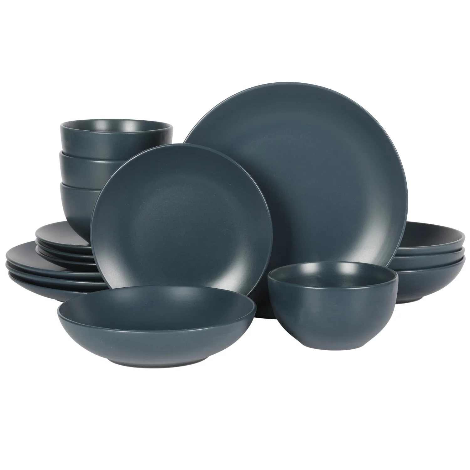Gibson Home Queenslane 16 Piece Double Bowl Plates and Bowls Dinnerware Sets - Matte Blue