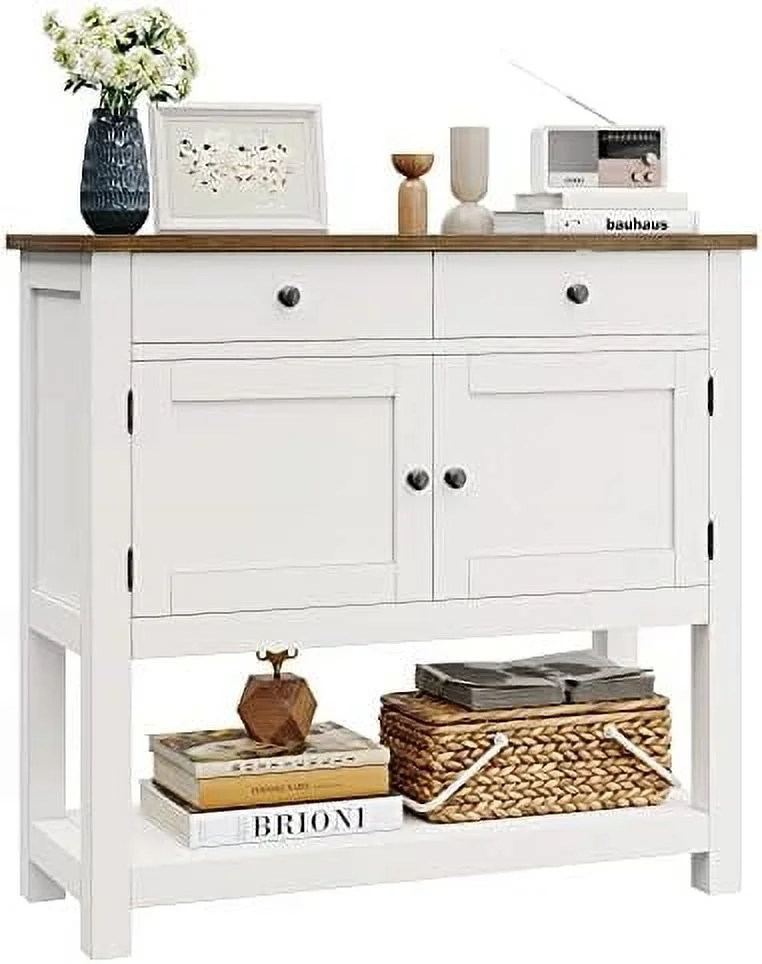 TQNJYGX Farmhouse Console Table with 2-Door Cabinet & 2 Drawers  Coffee   Entryway Table with    Sofa Tables Buffet Sideboard for Kitchen  Hallway  Dining  Living Room  White