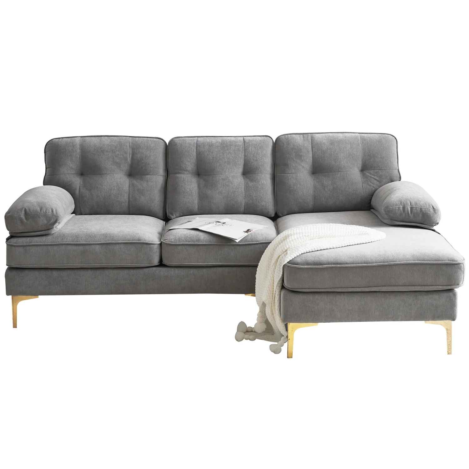 Elegant and Luxurious Modern Light Grey Velvet L-Shaped Sectional Sofas Couches - Perfect Addition to Your Living Room and Bedroom - 83 Inches in Length