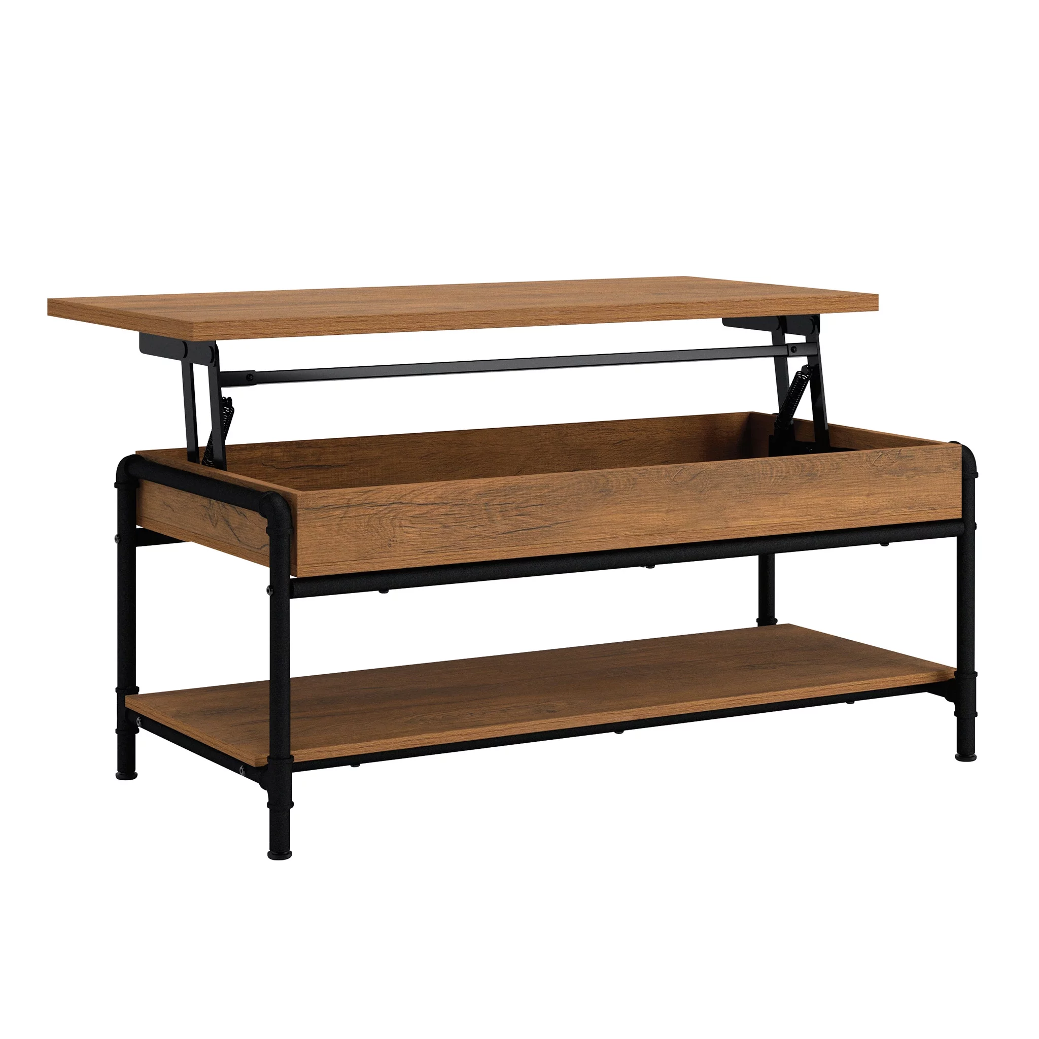 Sauder Iron City Industrial Pipe Lift-Top Coffee Table, Checked Oak Finish