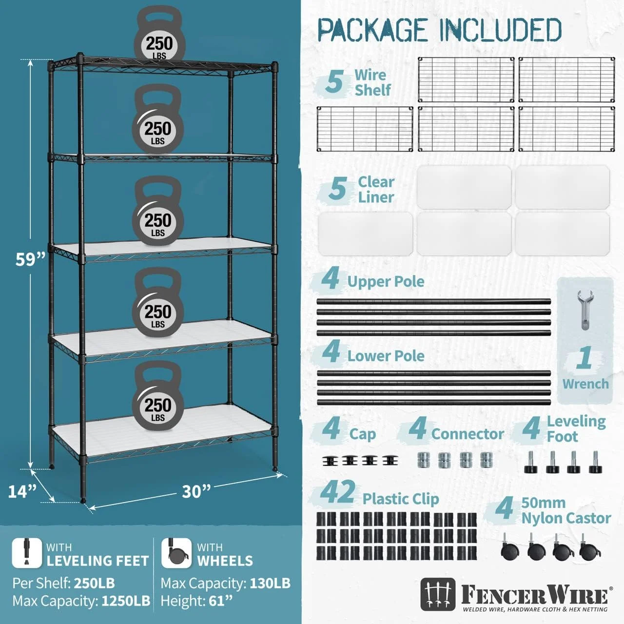NSF 5-Tier Adjustable Height  Shelving Unit, Garage Shelving Storage Organizer, Kitchen  Rack, Metal Steel Storage Shelf, Utility Storage Shelf With Leveling Feet, Wheels  Liners