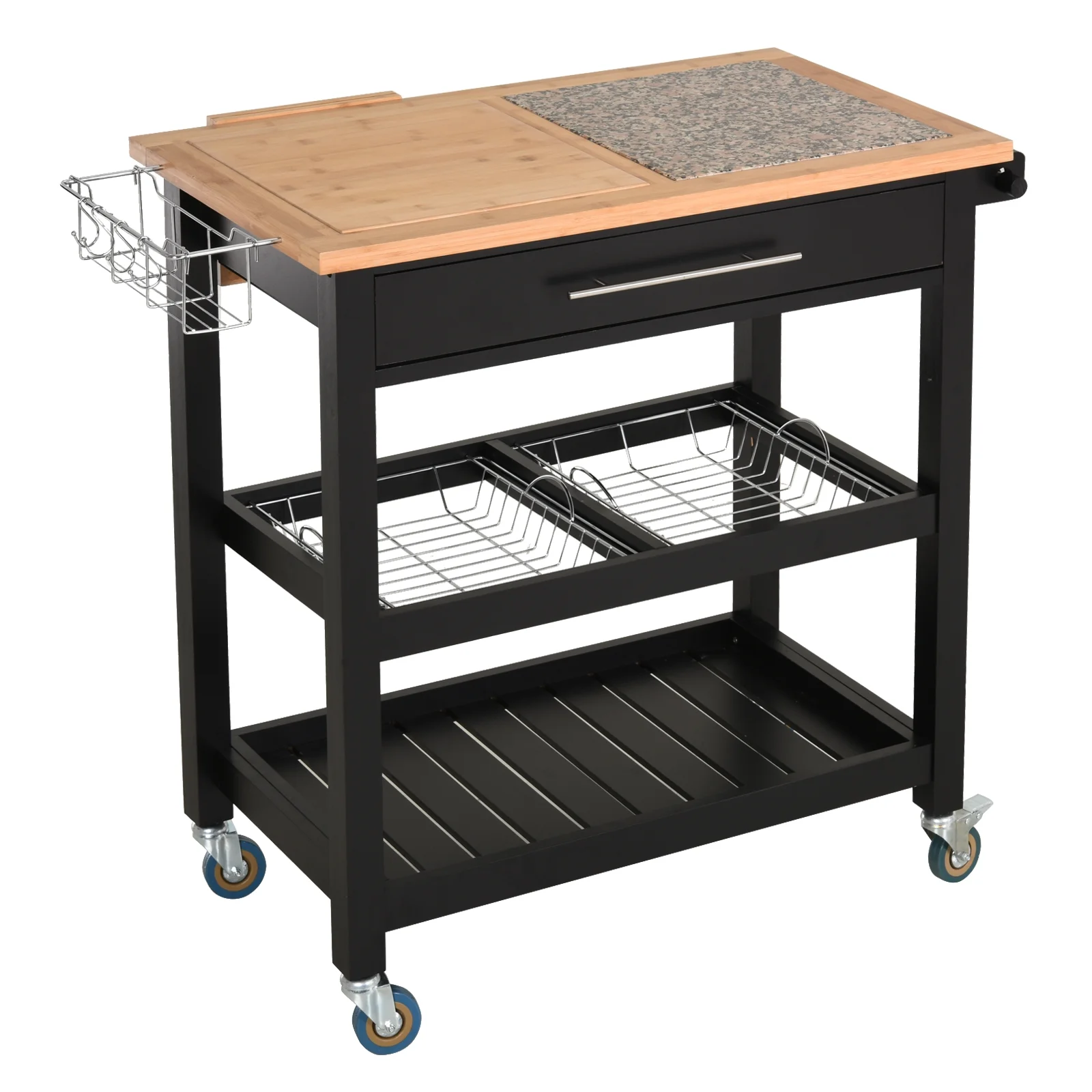 HOMCOM Rolling Mobile Kitchen Island Cart with Granite & Bamboo Countertop, Knife Rack, Integrated Spice Rack & Storage Drawer
