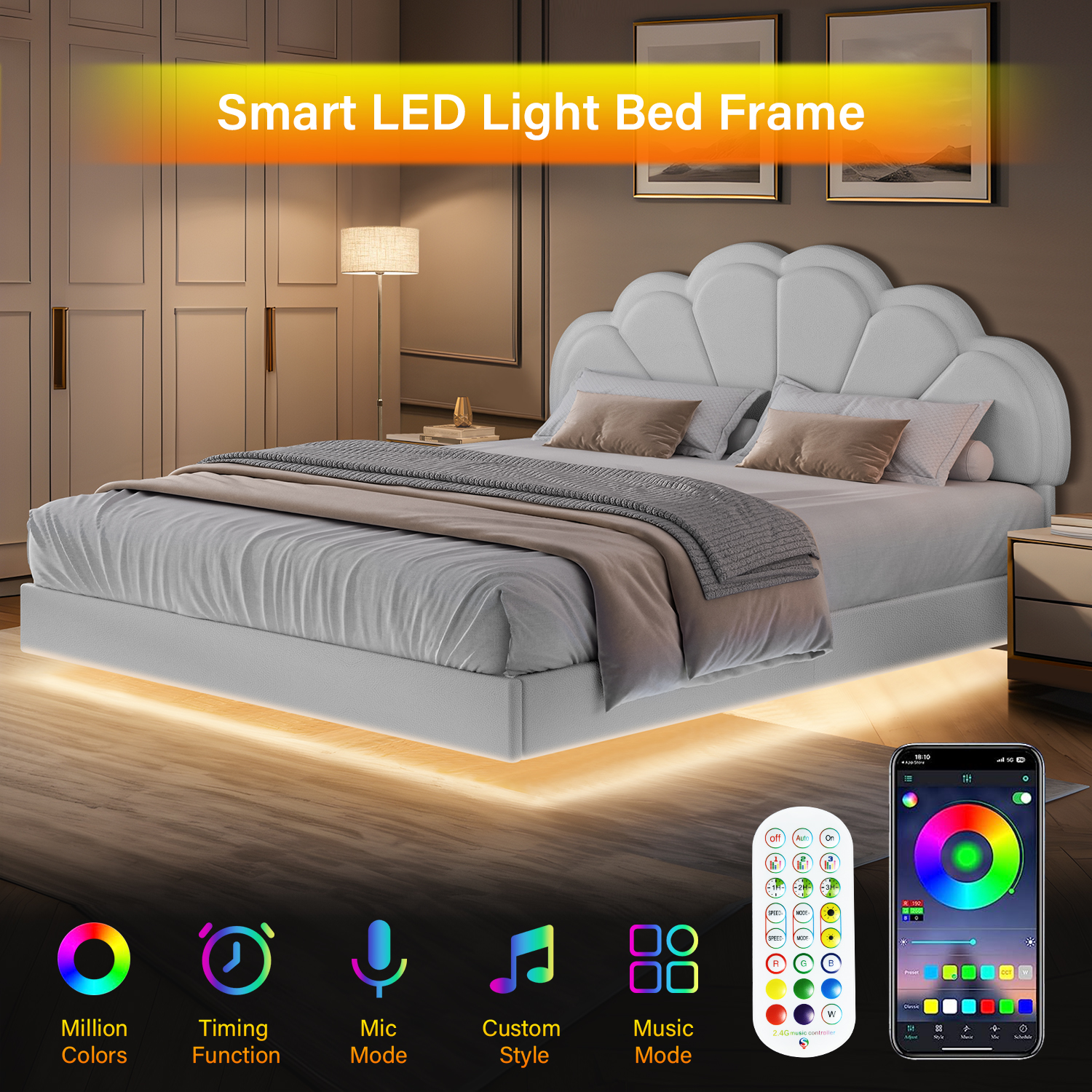 4 EVER WINNER Twin Size Floating Bed with LED Light, White LED Bed Frame with Flower Headboard, Upholstered Platform Bed Frame with Under Storage, White