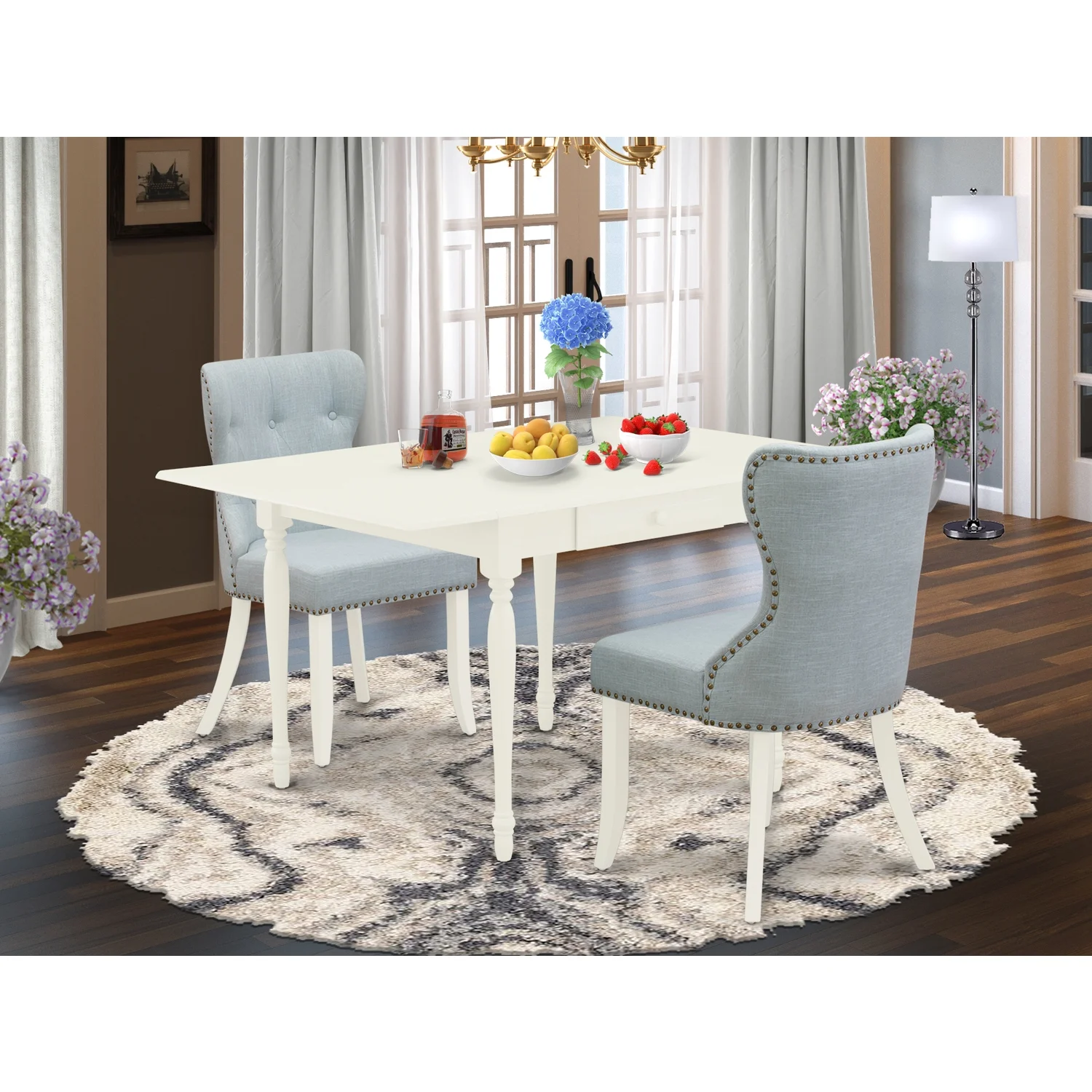 HomeStock Lakefront Luxury - A Dinette Set f Two Fantastic- Dining Chairs With Fabric Baby Blue Color And A Wonderful Drop Leaf Rectangle Dining Room Table With White Color