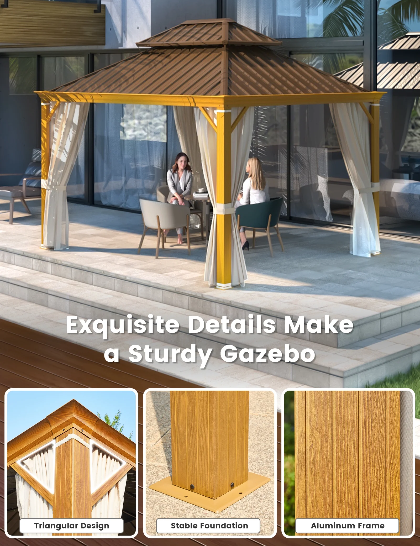 Hommow 10' x 12' Hardtop Gazebo, Wooden Finish Coated Aluminum Frame Gazebo with Double Roof