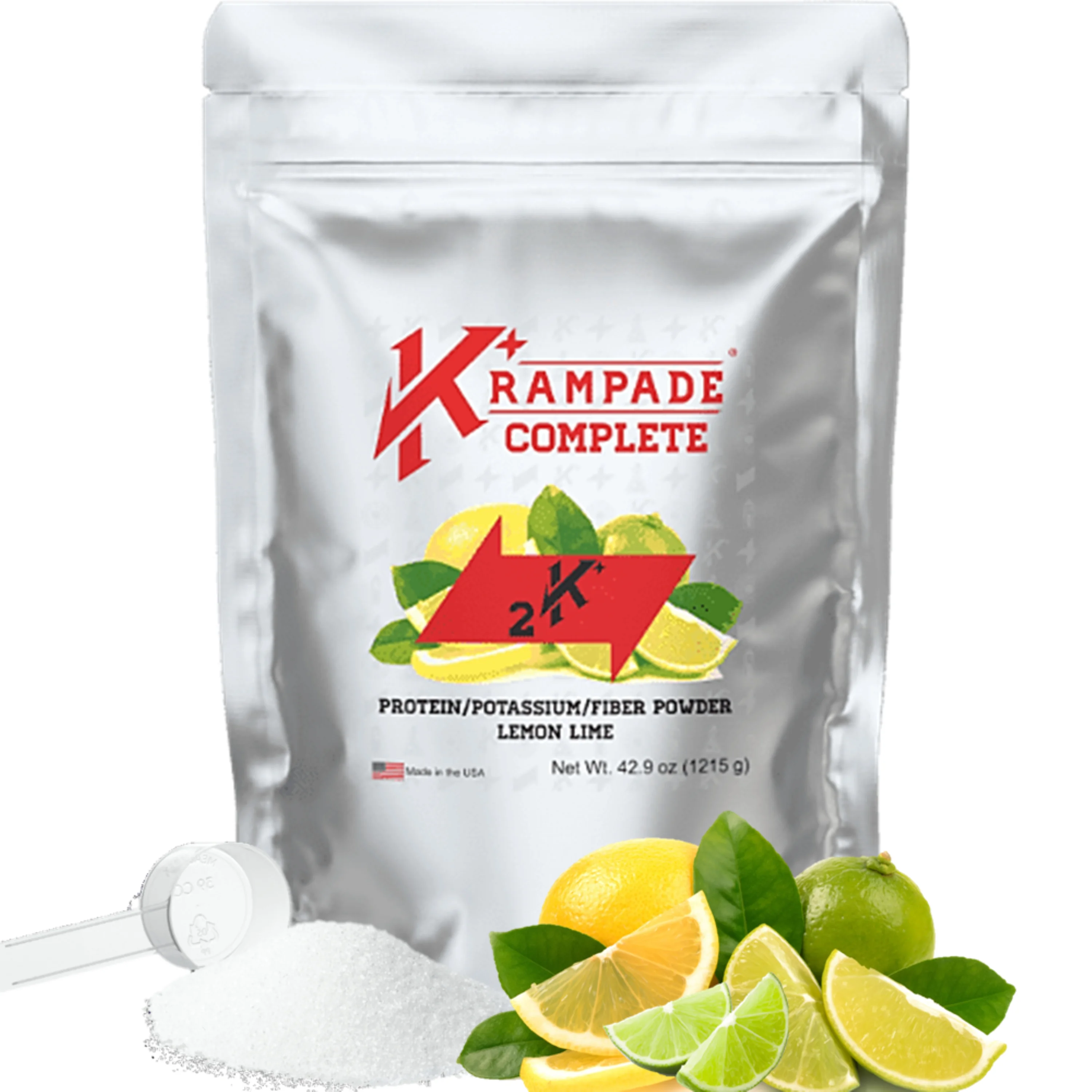 Krampade Whey Protein Fiber Supplement Electrolyte Powder | 30g Protein Powder & 7g BCAA + 9g Fiber + 2,000mg Potassium + Magnesium | >2x K+ Than Coconut Water | Clear | Lemon Lime | 15-Serving Pouch