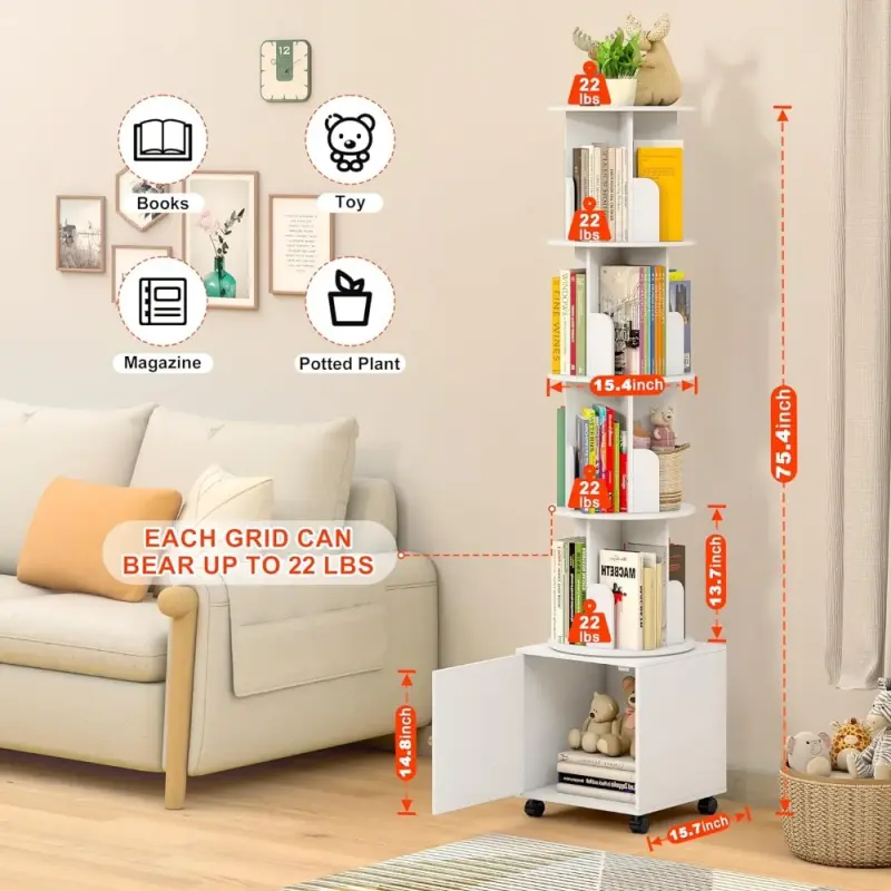 Storage Shelf Rotating Bookshelf Bookcase 360 Display Bookshelf Floor Standing Bookcase Storage Rack Tower Living Room Book Home (White)