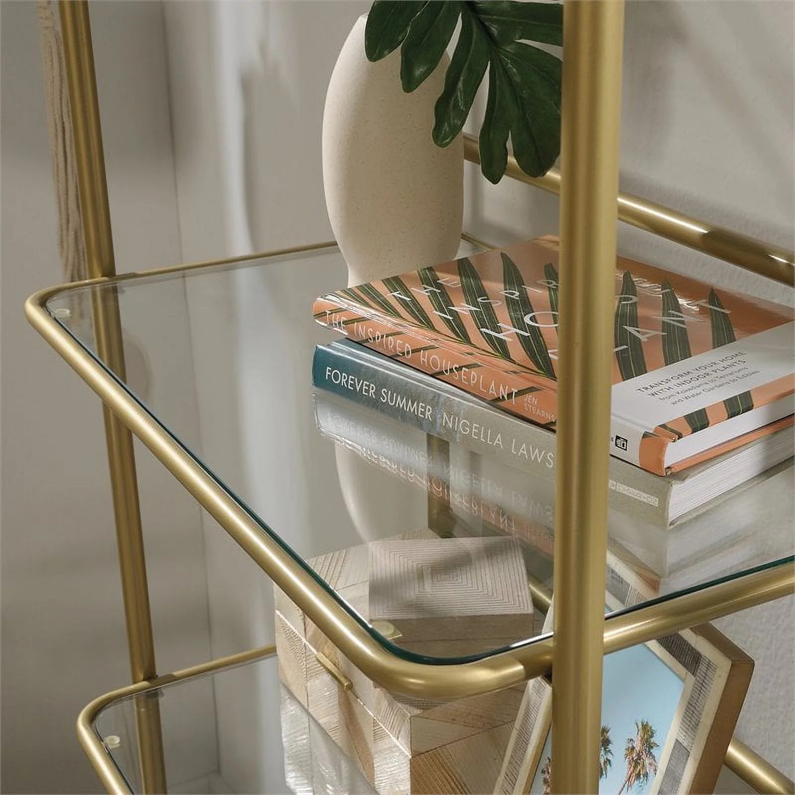 Pemberly Row 5-Shelf Modern Glass and Metal Bookcase in Gold