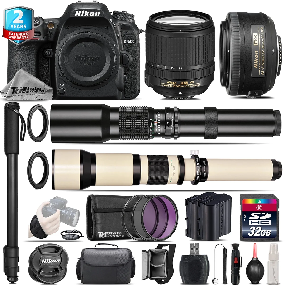 Nikon D7500 DSLR Camera + AFS 18-140mm VR + 35mm f/1.8 + 500-1300mm - 32GB Kit
