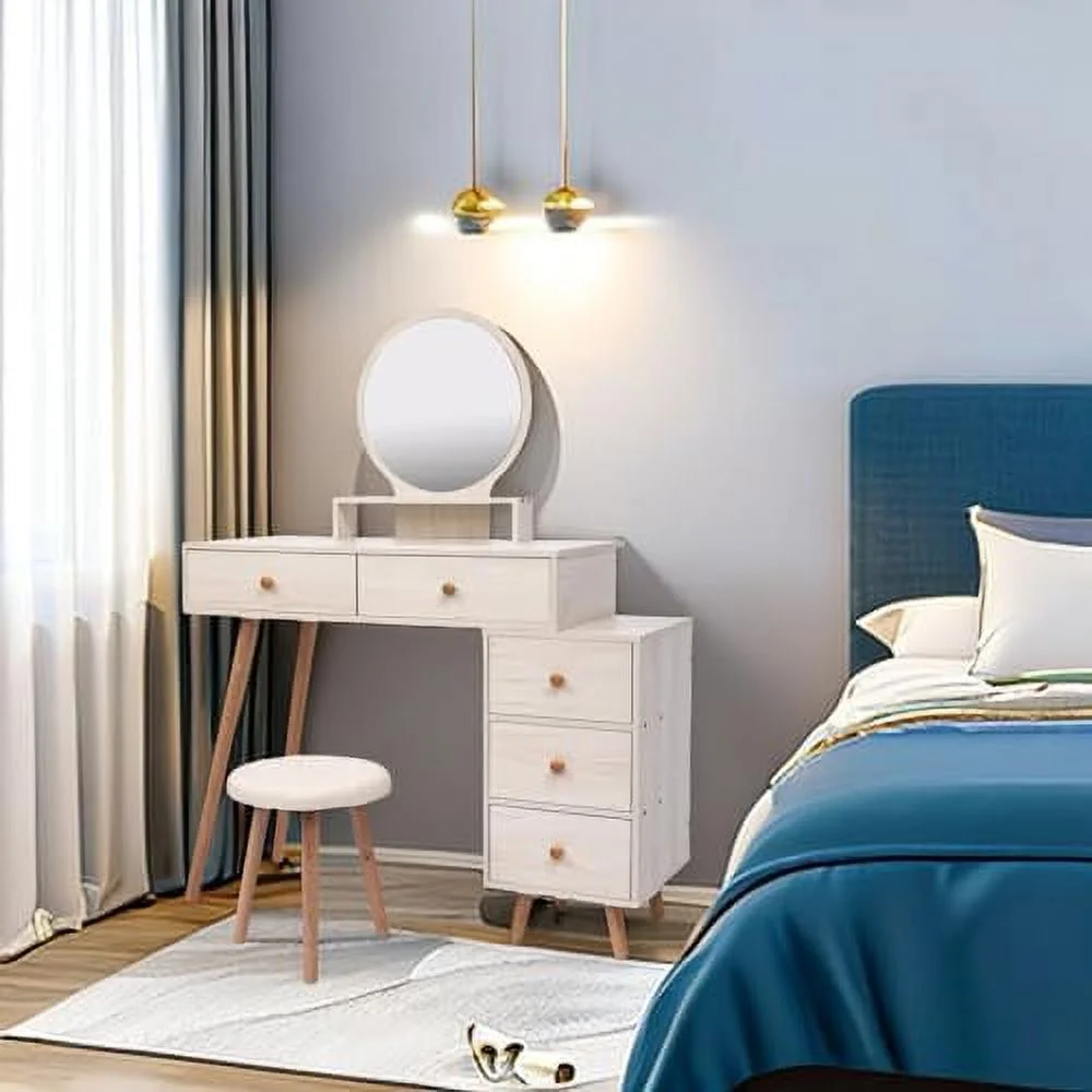 ZFGSUIJN Vanity Desk with Mirror and Lights  Vanity Table with Cushioned Stool  Large Capacity  Cabinet  5 Drawers  Large Round Mirror  Fasionable    Length Adjustable