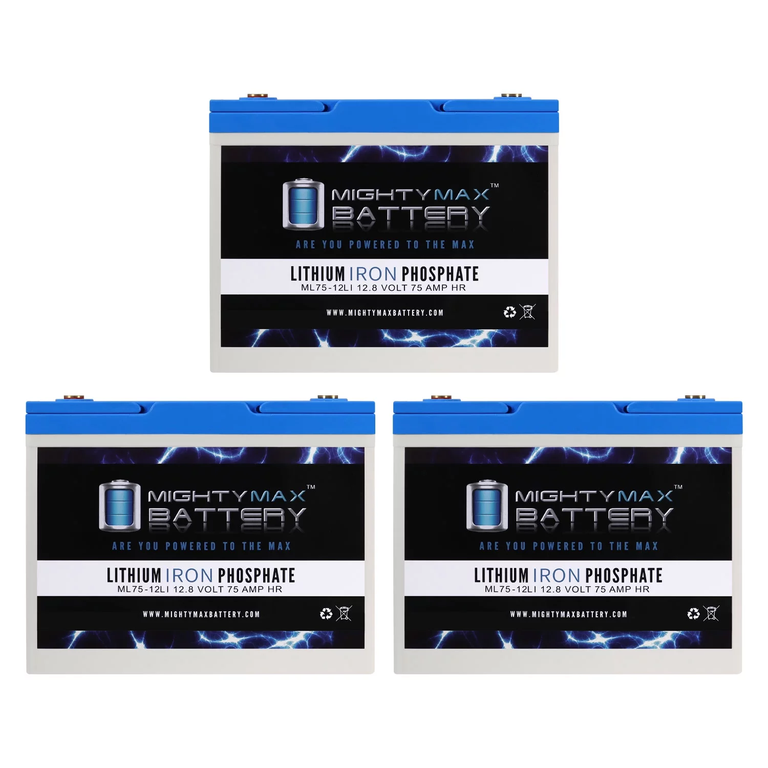 12V 75AH Lithium Replacement Battery compatible with AGM BCI Group 65 Car, Truck - 3 Pack