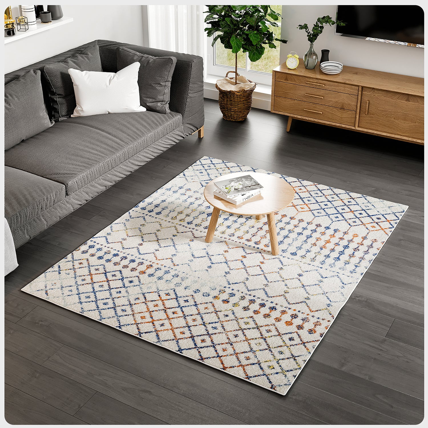 Totti Grid 5' x 7' Rectangular Polypropylene Geometric Rug in Cream/Multicolor