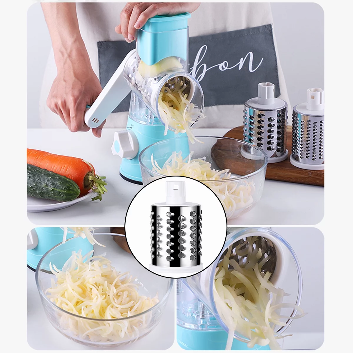 Sulythw Mandoline Slicer 3-in-1 Stainless Steel Rotary Cheese Grater for Vegetable, Nuts, Carrots, Cucumbers