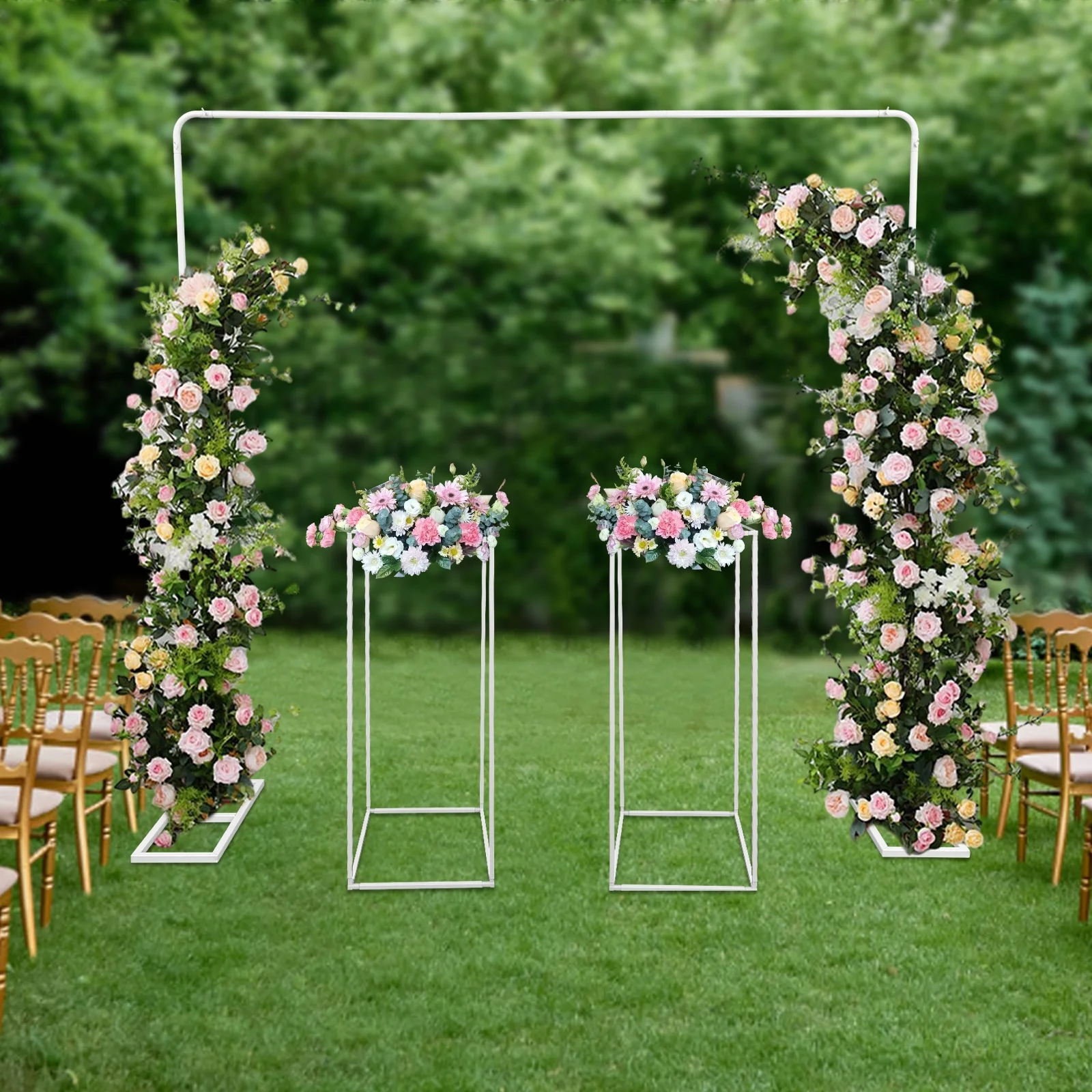 Weeding Arch Backdrop Stand Set, 6.6FT x 6.6FT Wedding Arches Metal Rectangular Balloon Arch Stand with Flower Stand for Wedding, Birthday, Baby Shower, Anniversary Decoration